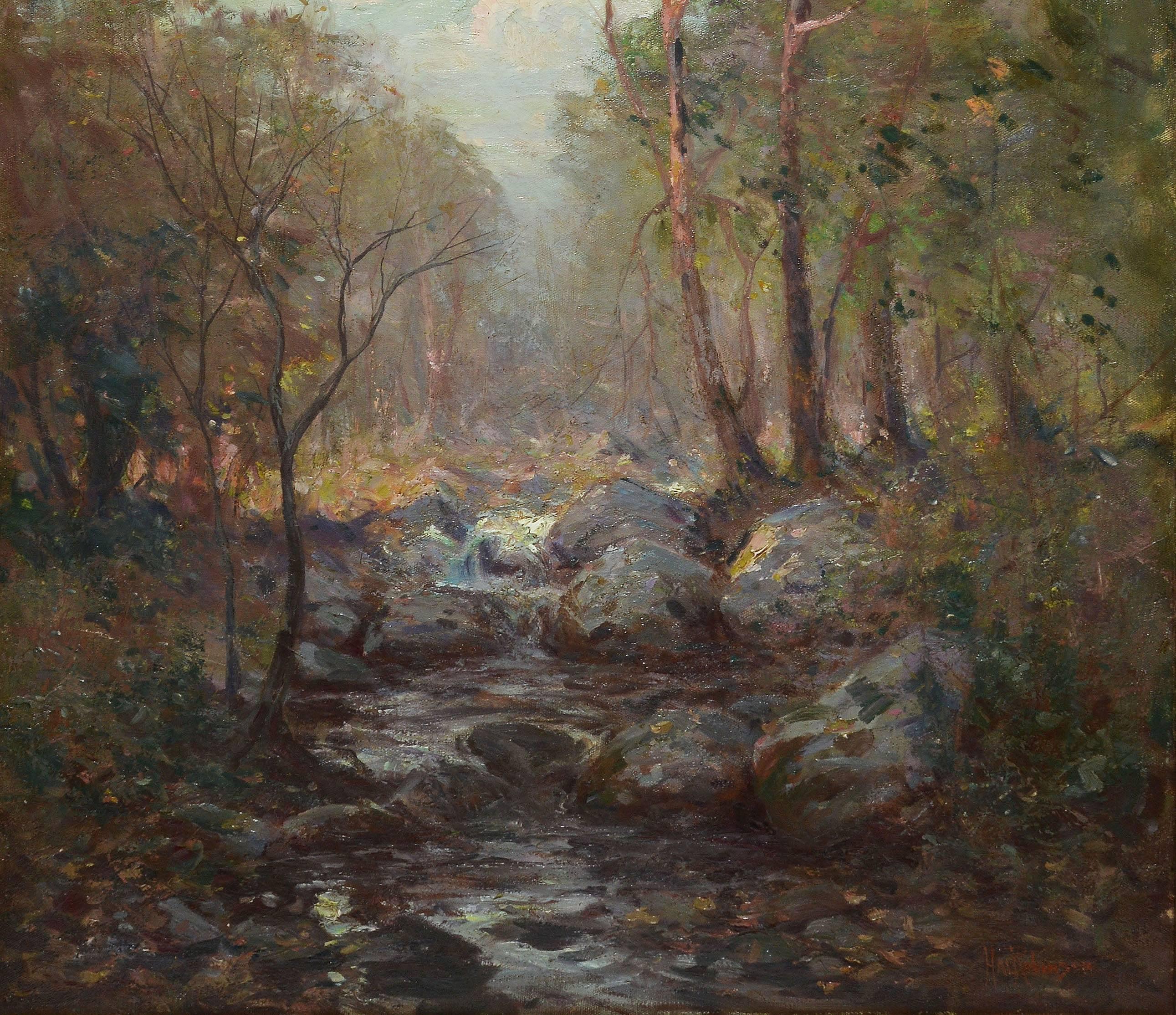 Impressionist landscape with a stream by Hal Robinson (1875-1933). Oil on canvas, circa 1900. Signed lower right, "Hal Robinson".  Displayed in a giltwood frame. Image, 25"L x 30"H, overall, 32"L x 37"H.
