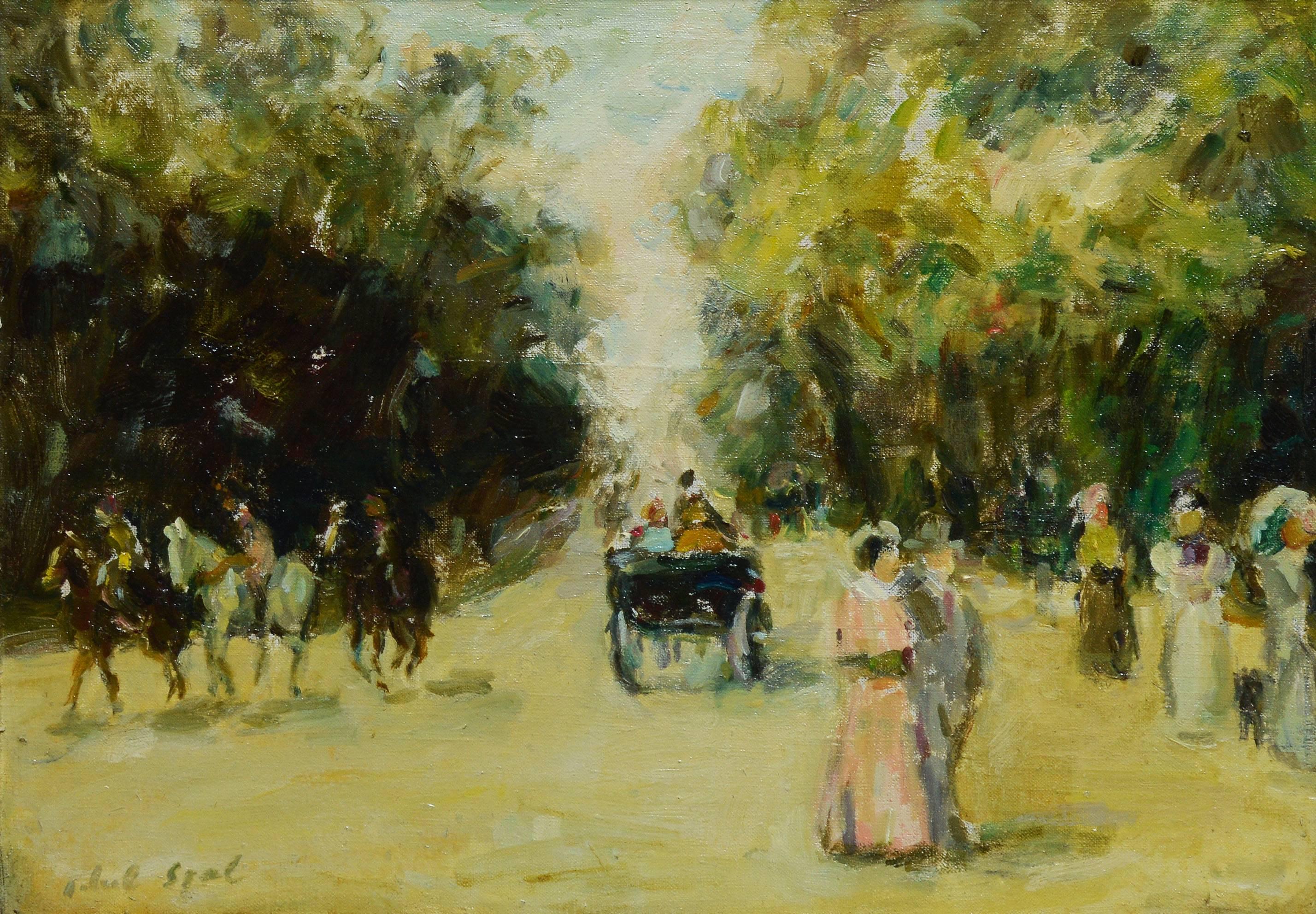 Paris Park View with Horses and Figures - Impressionist Painting by Gabriel Spat