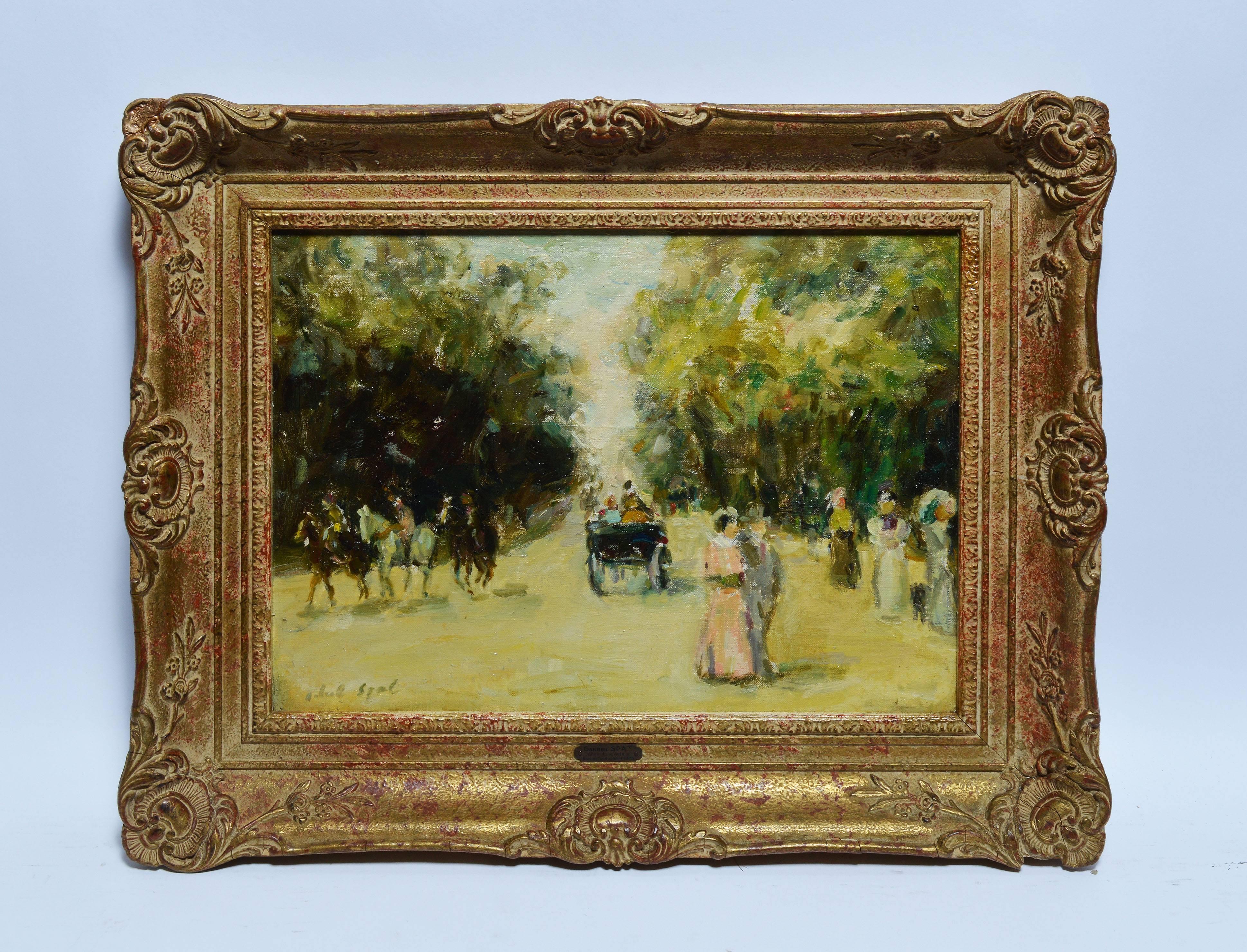 Paris Park View with Horses and Figures - Painting by Gabriel Spat