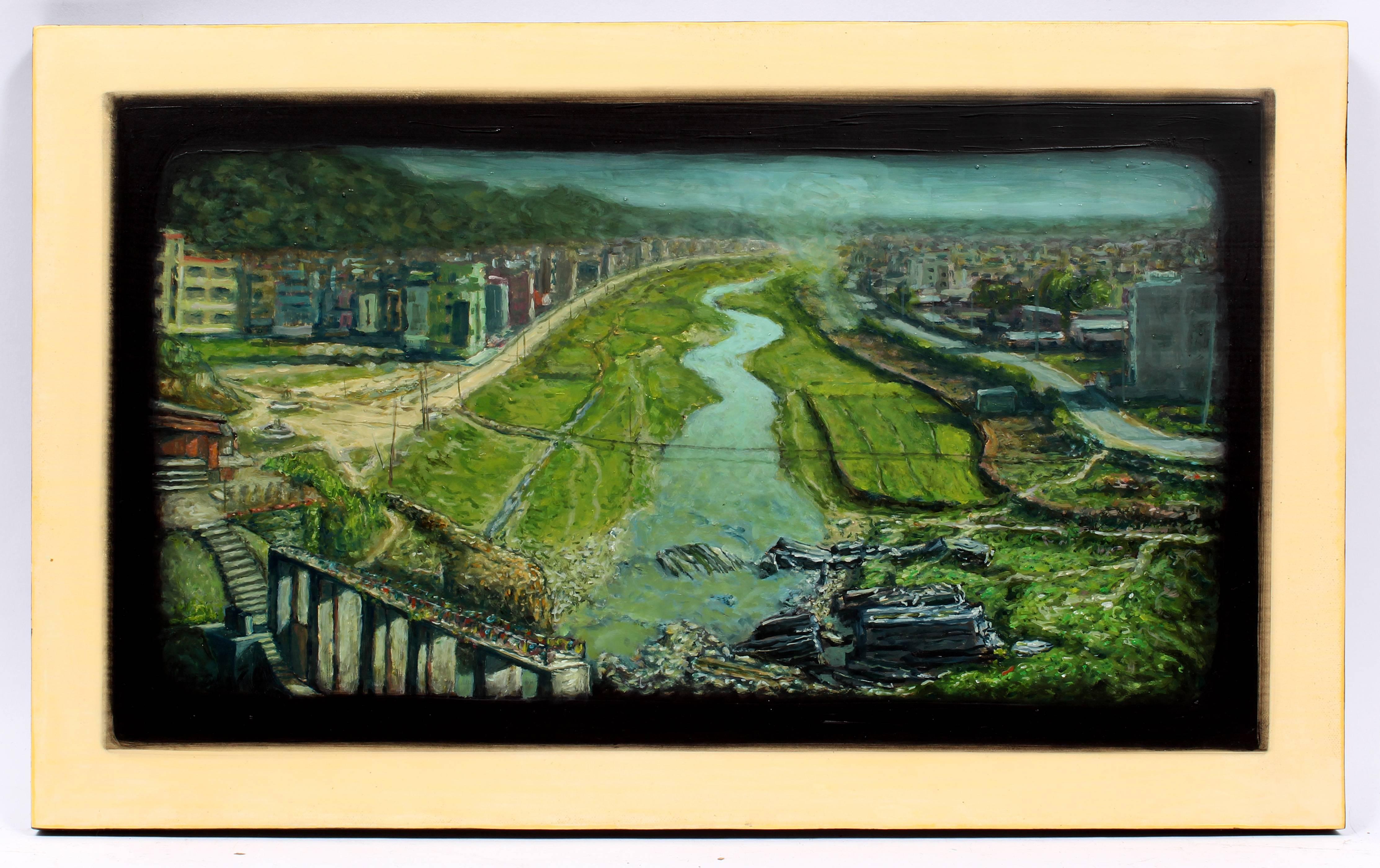 Alberto Rey Landscape Painting - Bagmati River following into Kathmandu at Gokarna Gates