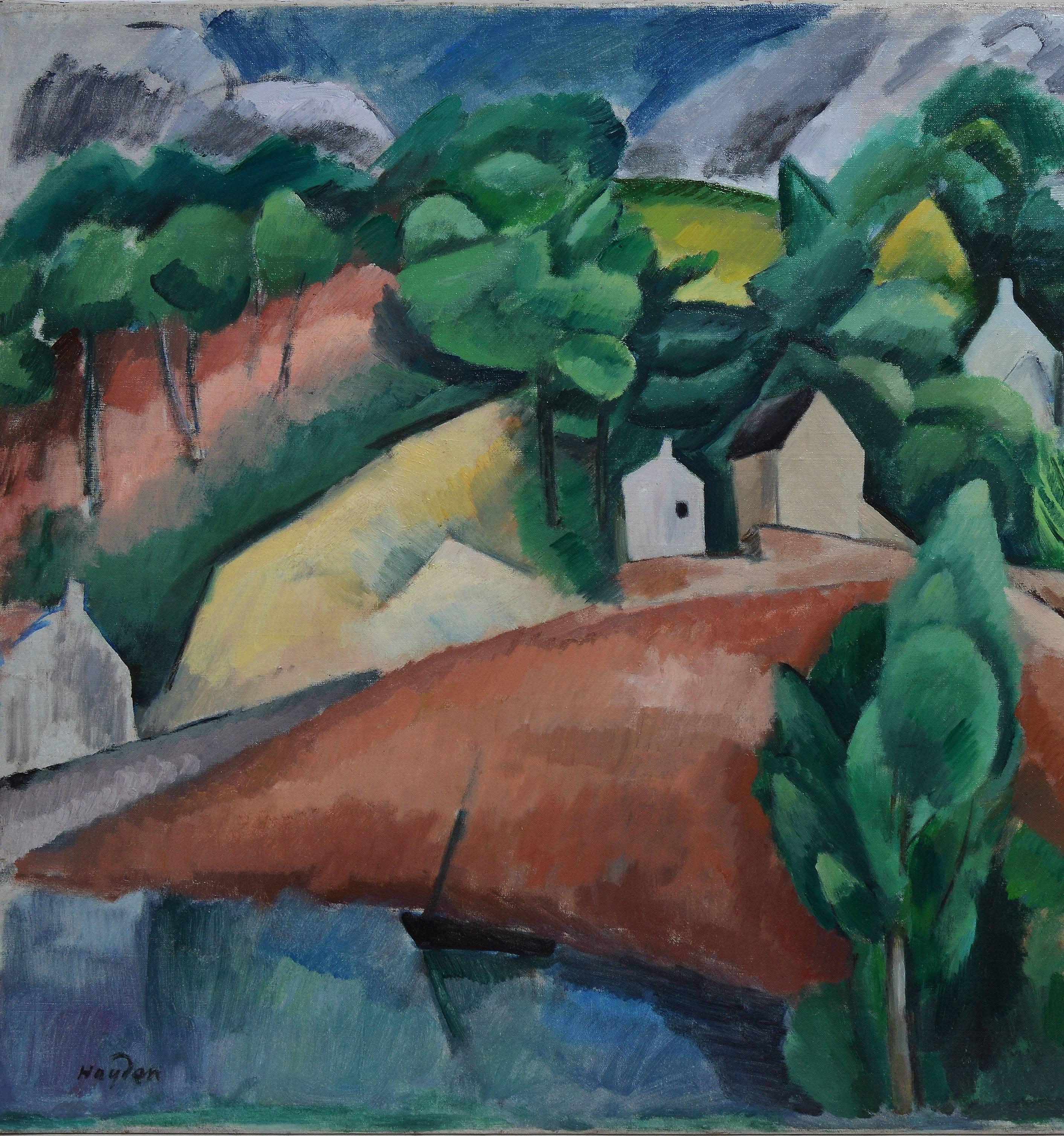 Modernist oil painting of a village landscape.  Oil on canvas, circa 1930.  Signed lower left, "Hayden".  Image size 32"L x 25.5"H.