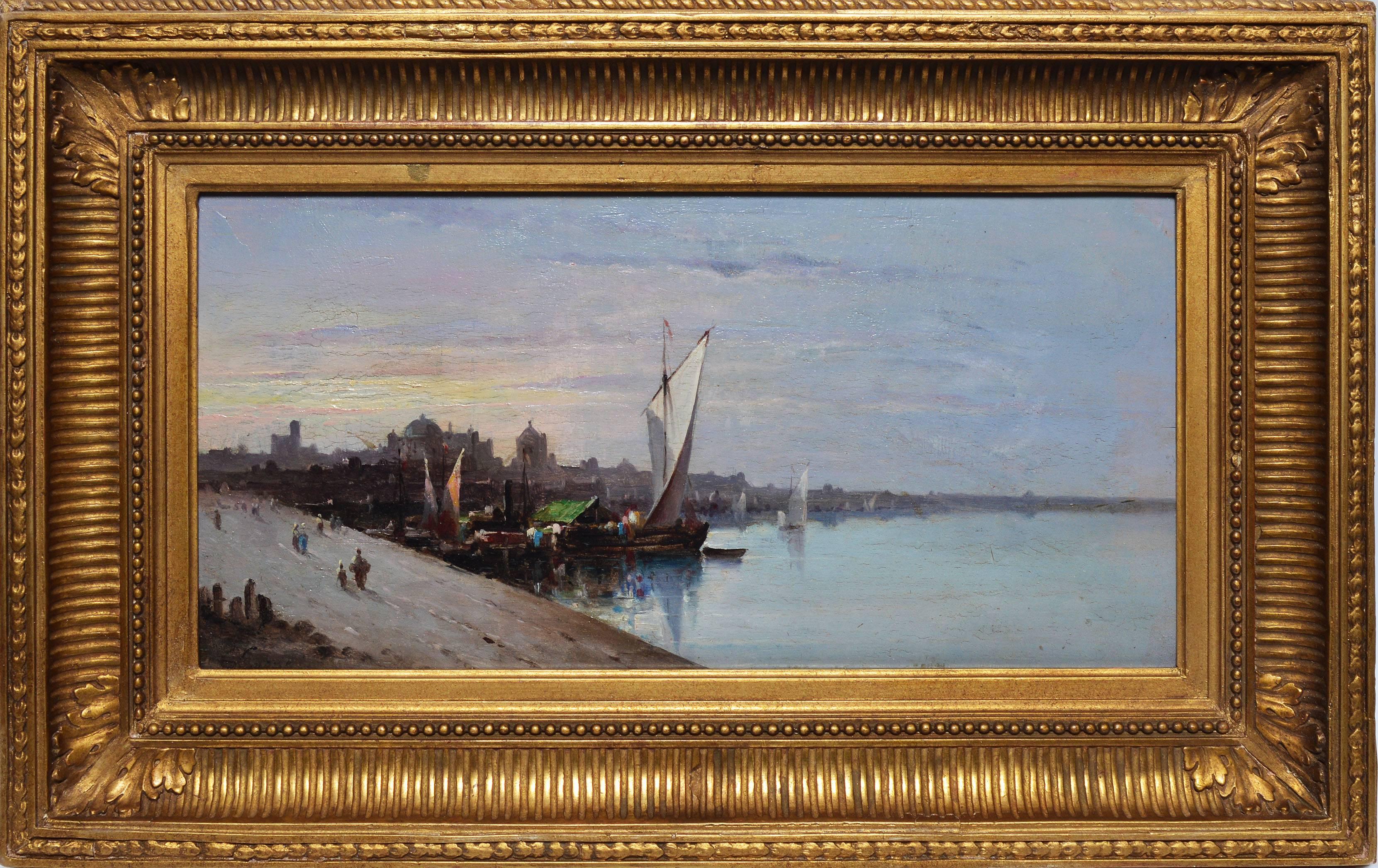 Unknown Landscape Painting - Barbizon View of a European Harbor