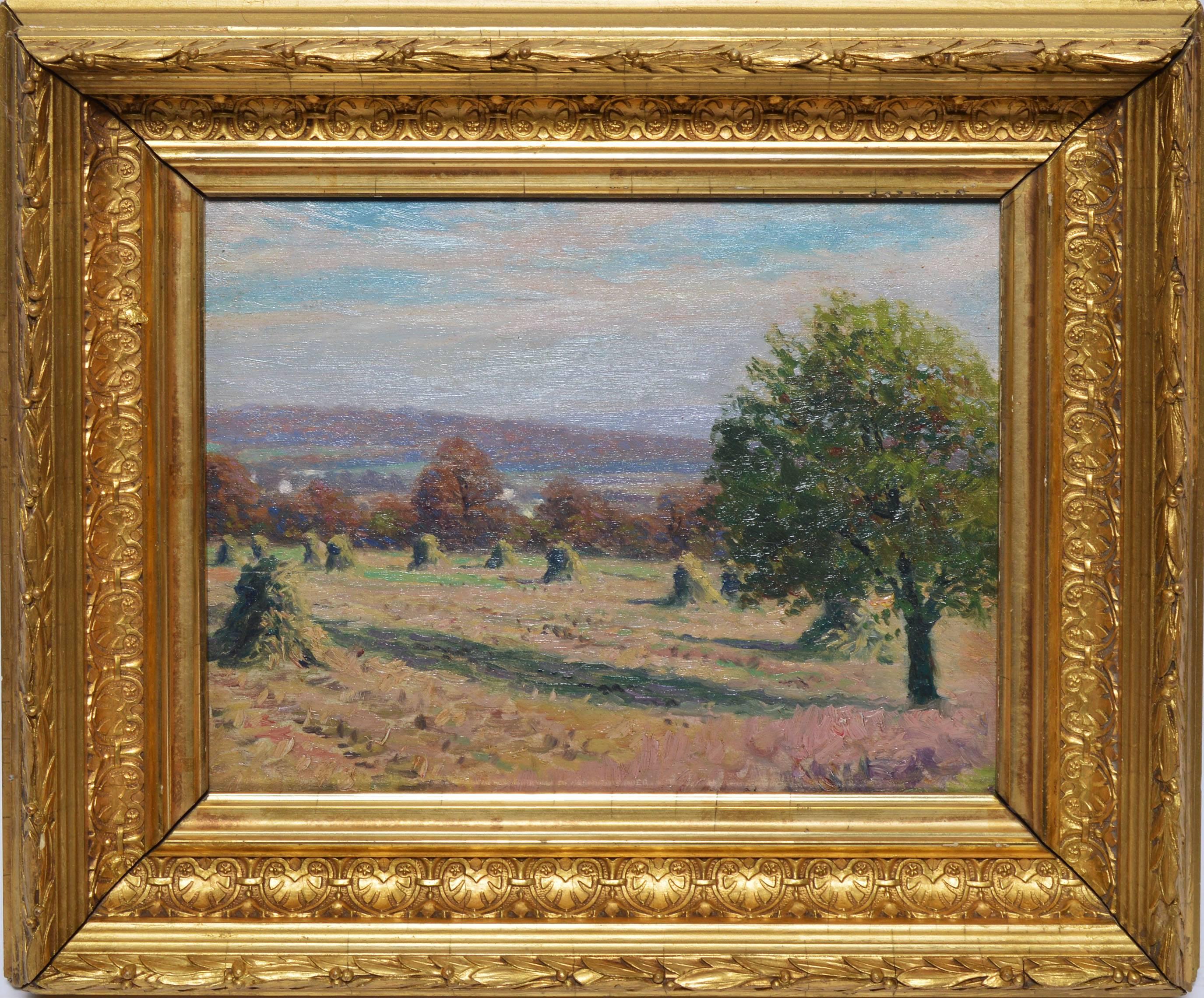 Alexis Jean Fournier Landscape Painting - Fall view of the Finger Lakes NY with Haystacks