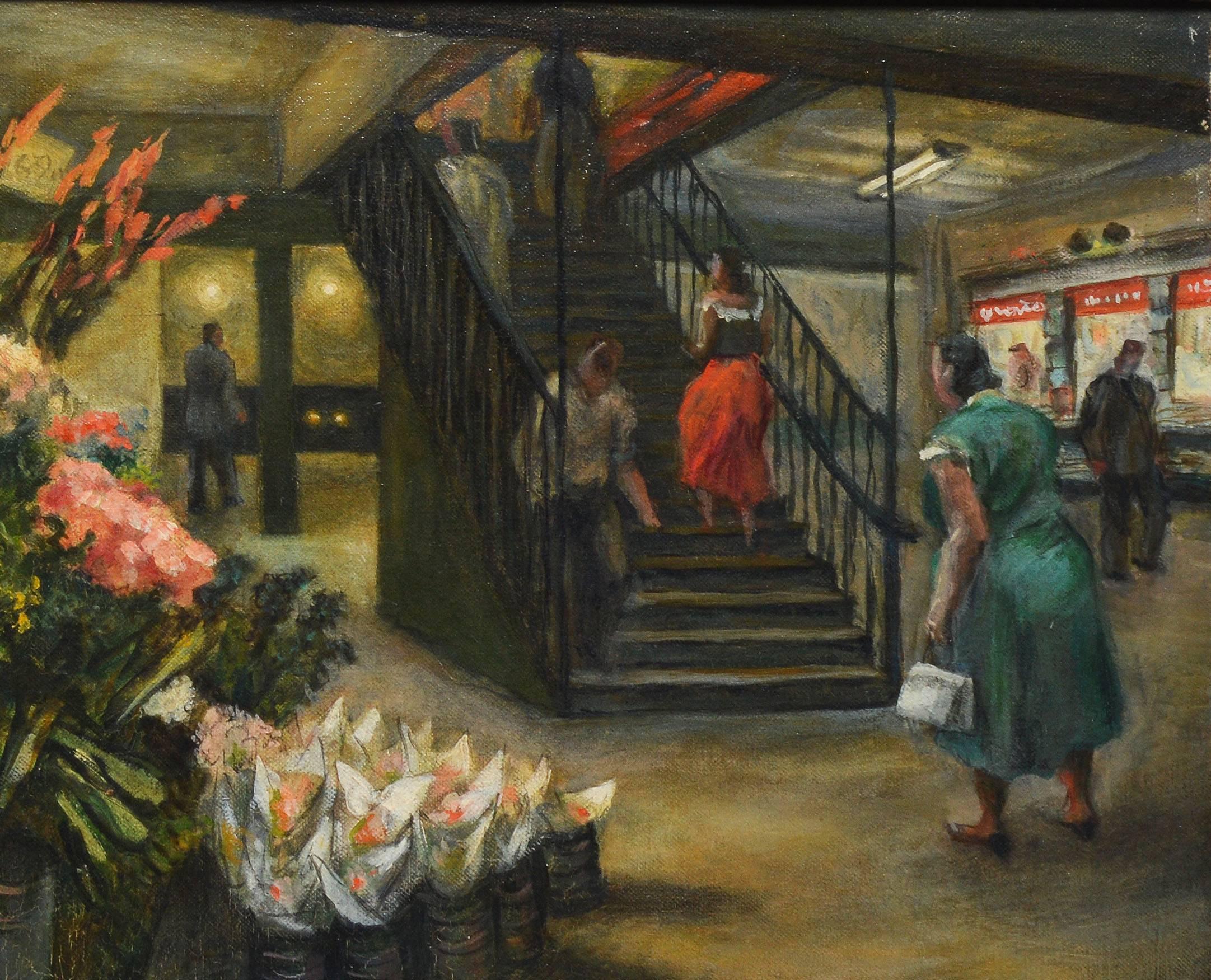 Modernist View of the New York City Subway - Brown Figurative Painting by Unknown