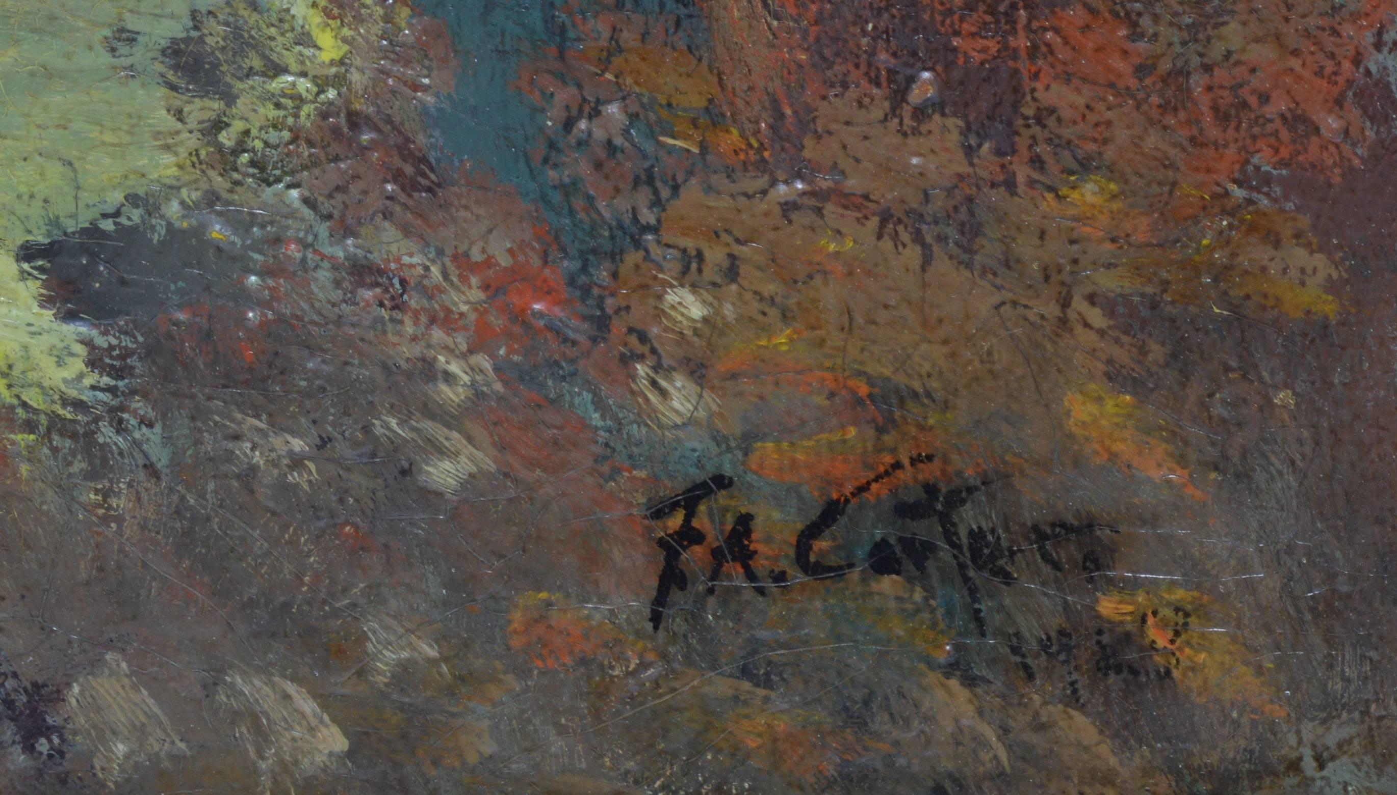 Impressionist landscape of a forest clearing by Fernando Carter (1855-1931). Oil on board, circa 1890. Signed lower right, "F. A. Carter". Displayed in a period impressionist frame. Image size, 15.5"L x 9.75"H, overall 20"L