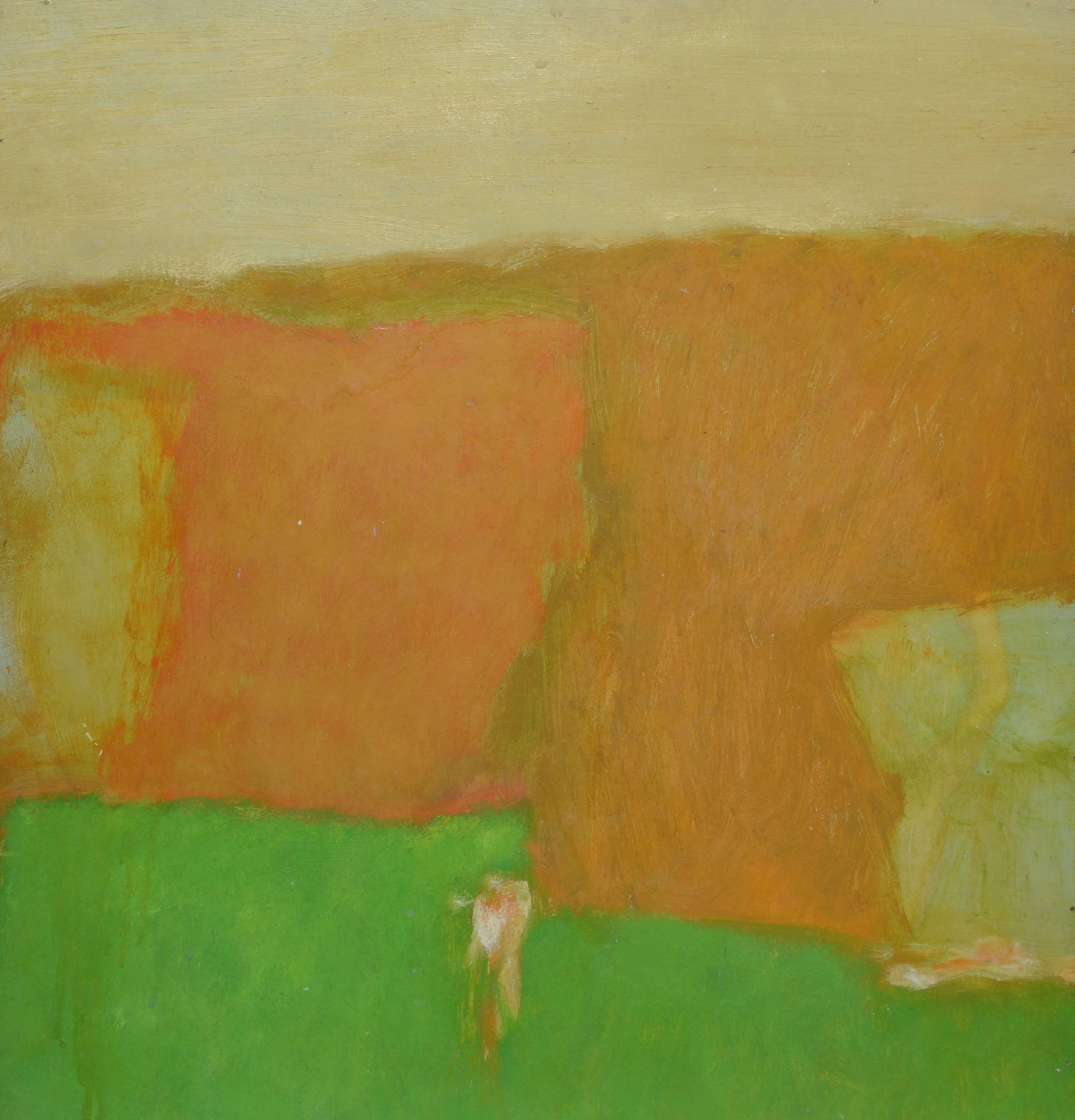 Abstract painting of a  landscape with a figure.  Oil on board, circa 1963.  Signed illegibly lower right.  Displayed in a wood frame.  Image size, 20"L x 24"H, overall 20.5"L x 24.5"H