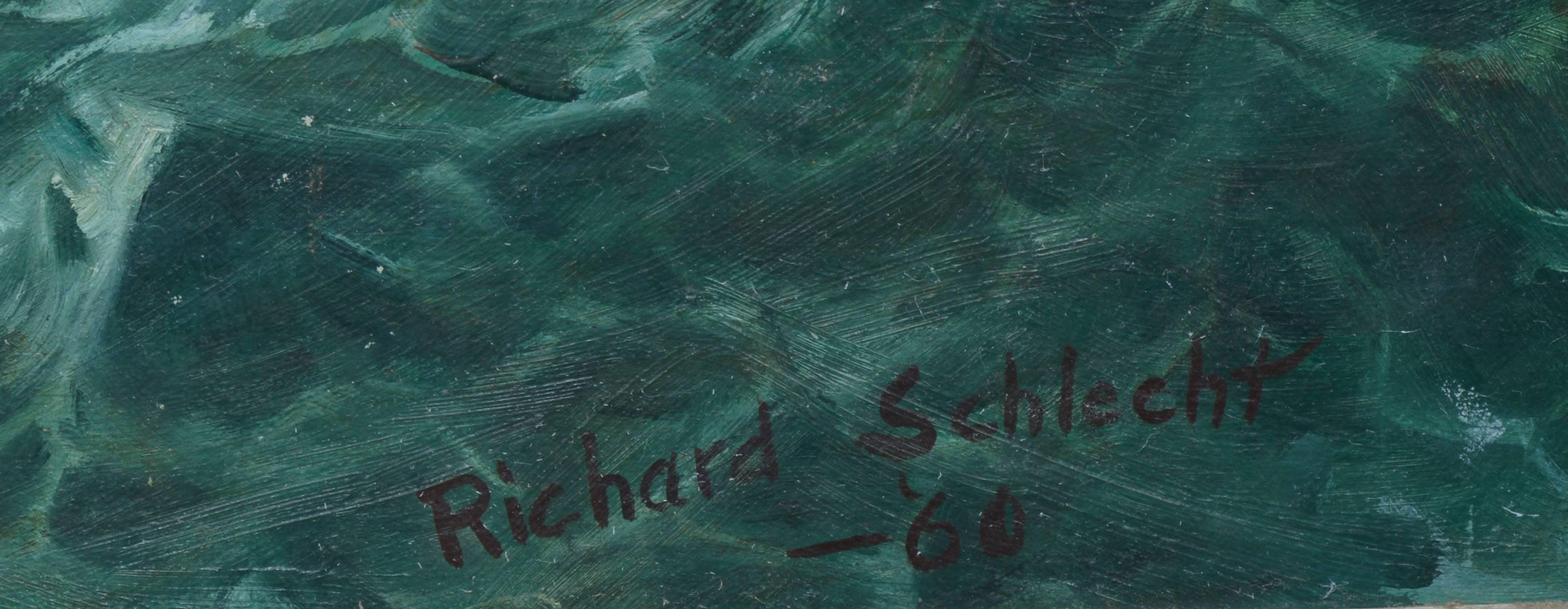 Impressionist oil painting of a wild sea by Richard Schlecht.  Oil on board, circa 1960.  Signed lower right, "Richard Schlecht".  Displayed in a gold frame.  Image size, 28"L x 20.5"H, overall 34"L x 27"H.  