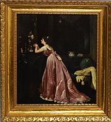 American School Genre Scene of a Woman and Antique Clock