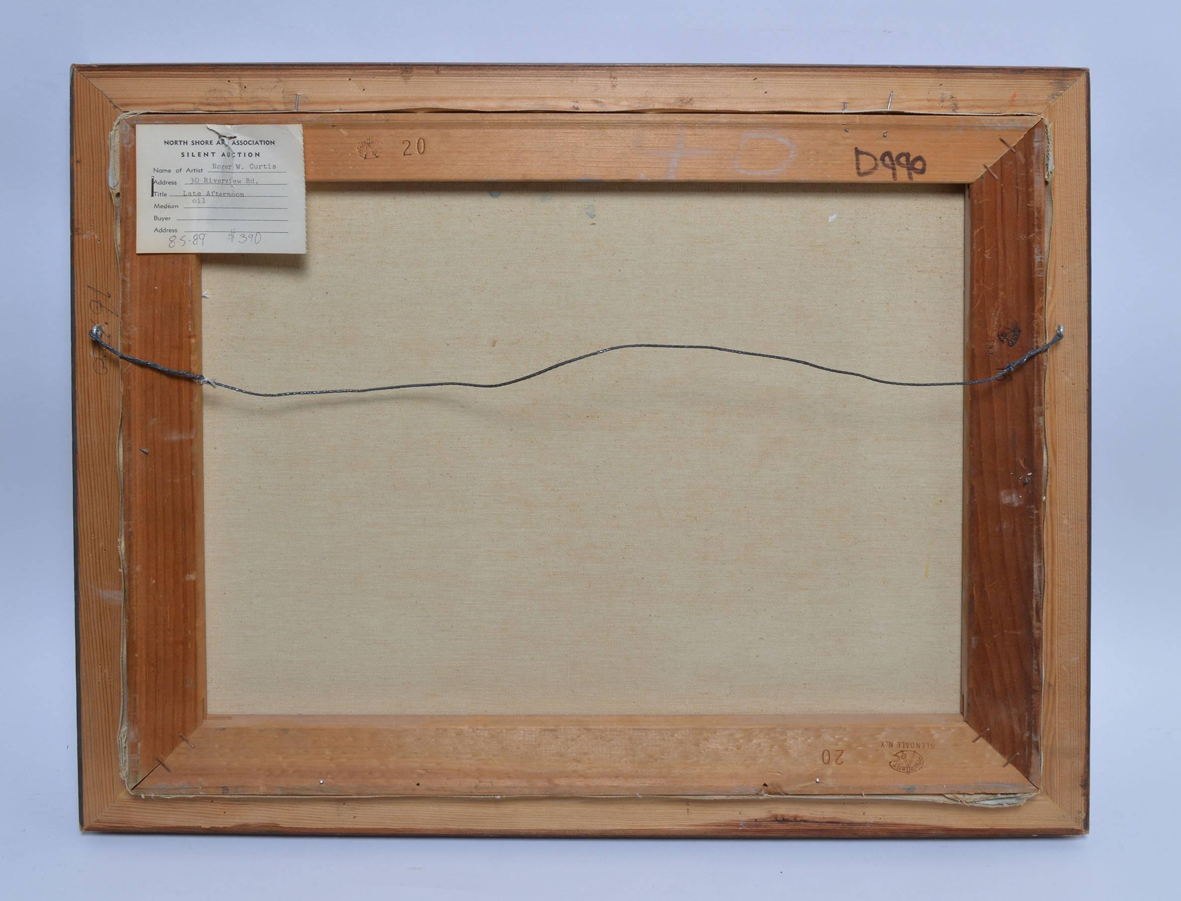 Impressionist seascape oil painting by Roger Curtis (1910-2000).  Oil on canvas, circa 1960.  Signed lower left, "Roger Curtis".  Displayed in a natural wood frame with a gold gilt liner.  Image size, 20"L x 16"H, overall