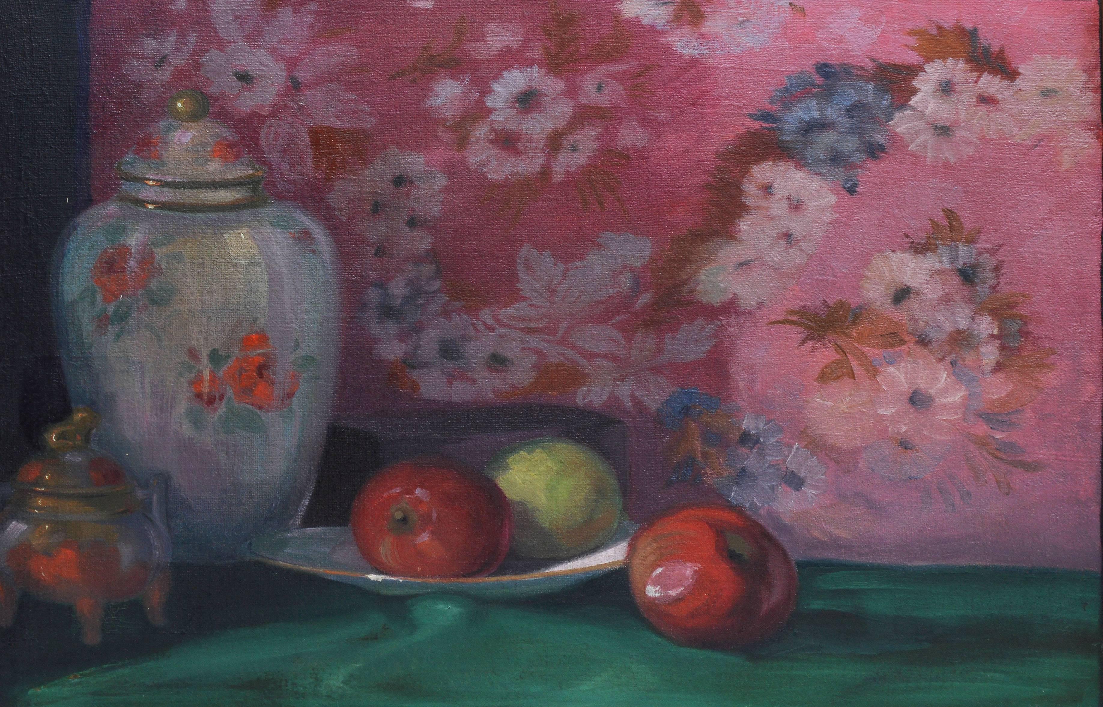Impressionist fruit still life with apples.  Oil on canvas, circa 1922.  Signed lower left, 
