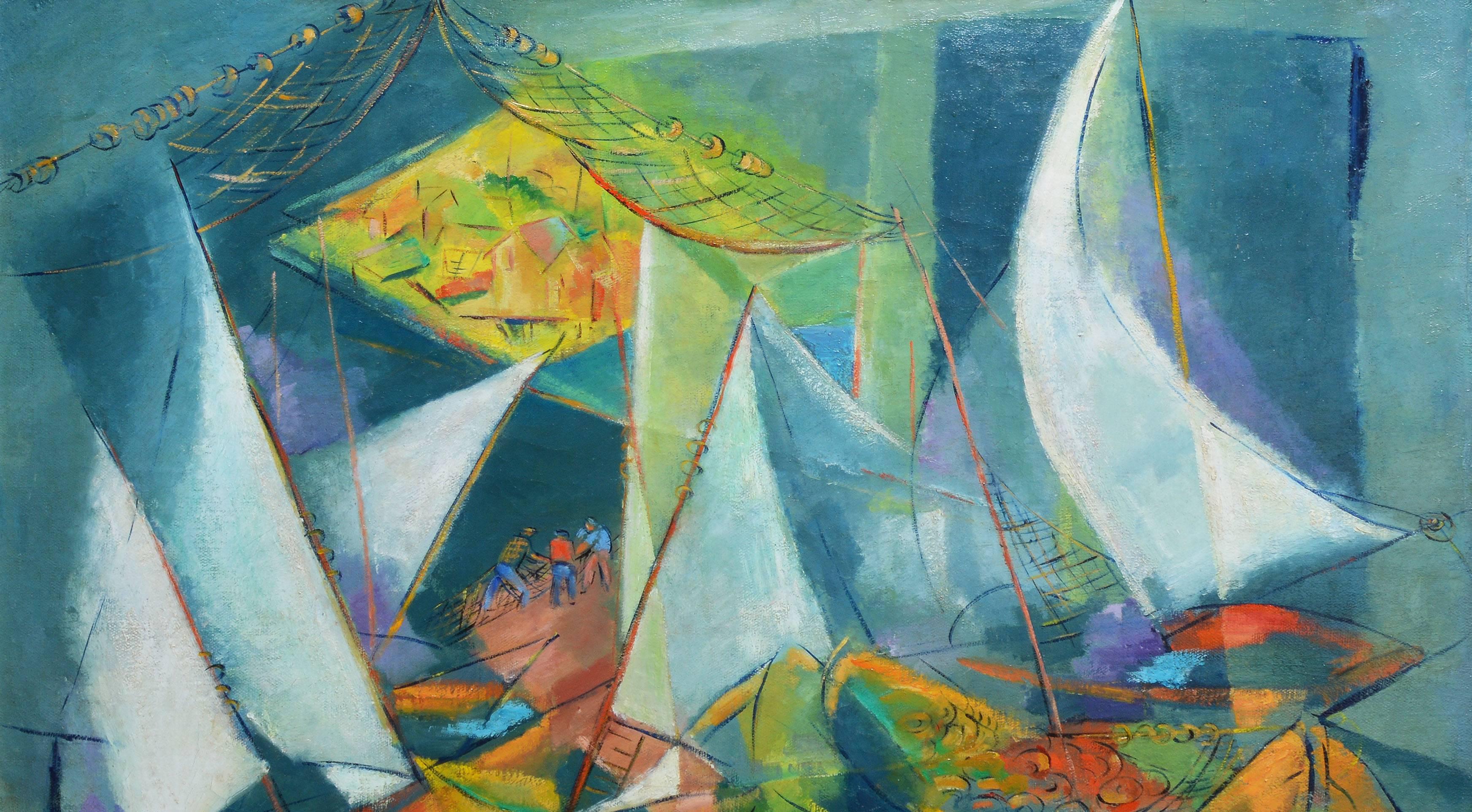 Composition cubiste avec voiliers - Gris Abstract Painting par Dorothy Dee Lubell Feigin