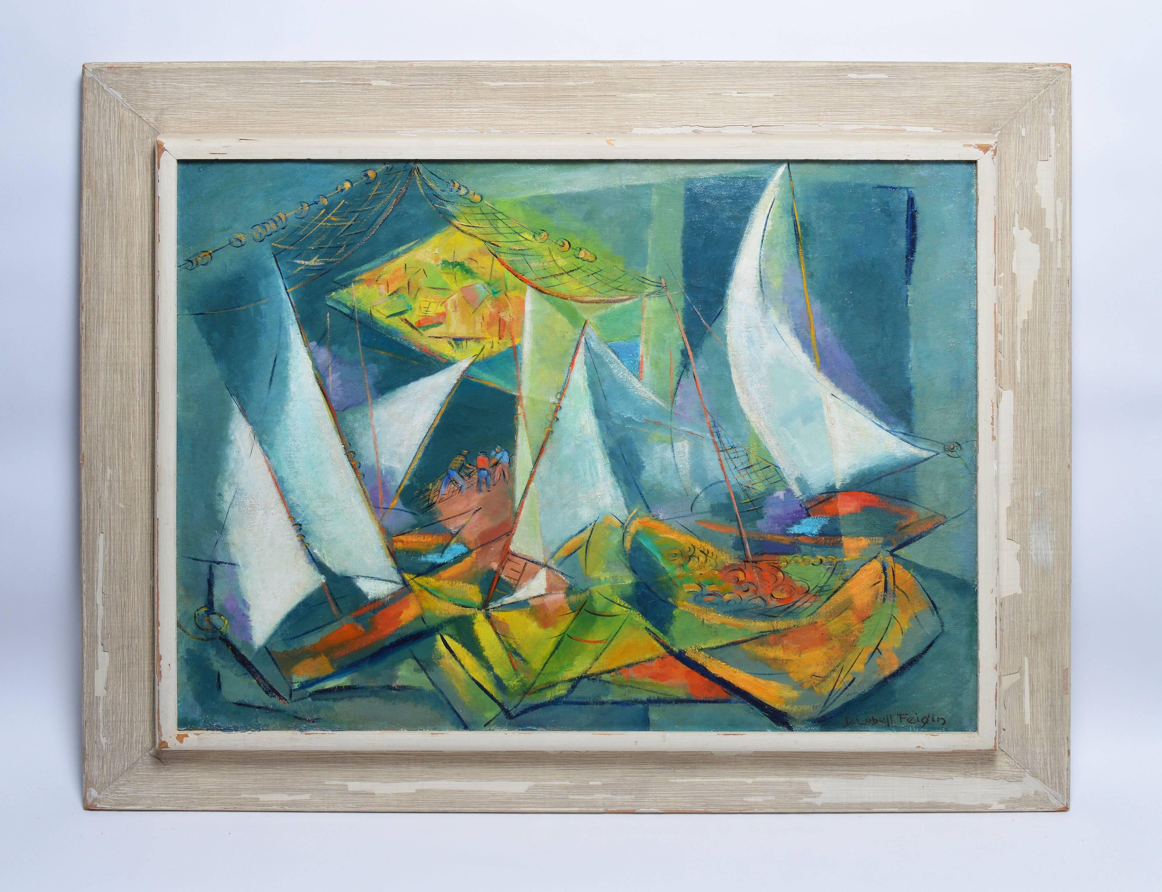 Composition cubiste avec voiliers - Painting de Dorothy Dee Lubell Feigin