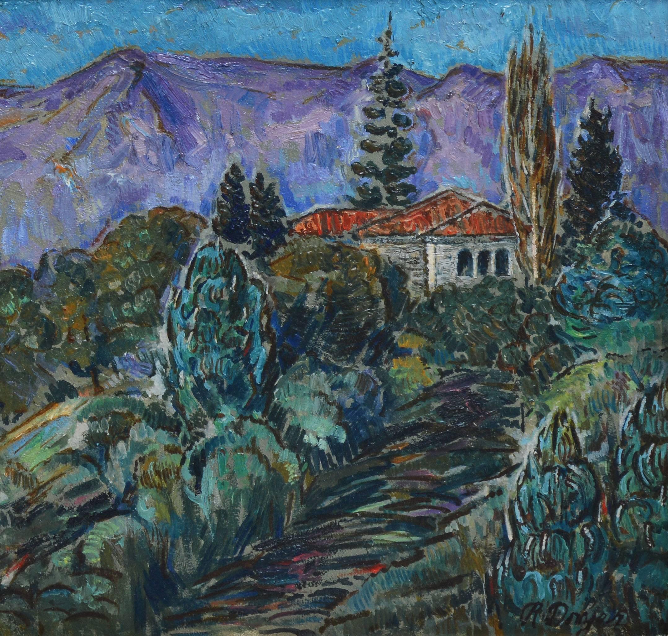 Fauvist mountain landscape by Rufus Dryer (1880-1937).  Oil on board, circa 1910.  Signed lower right, 