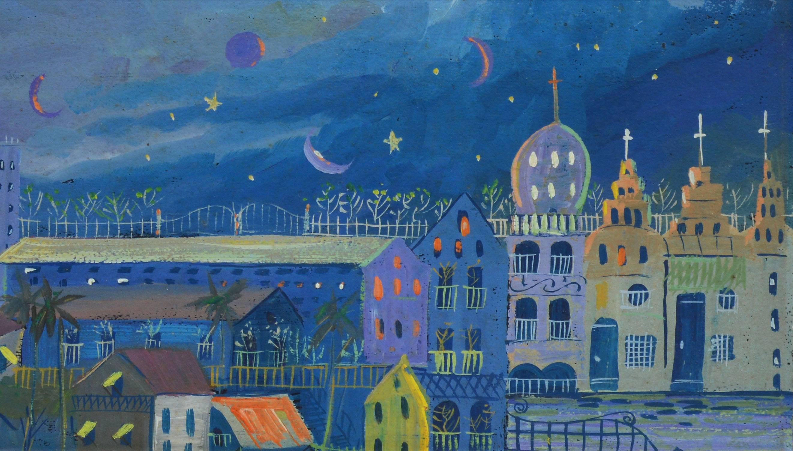 Fauvist Cityscape at Night by Etoile - Gray Landscape Painting by Unknown