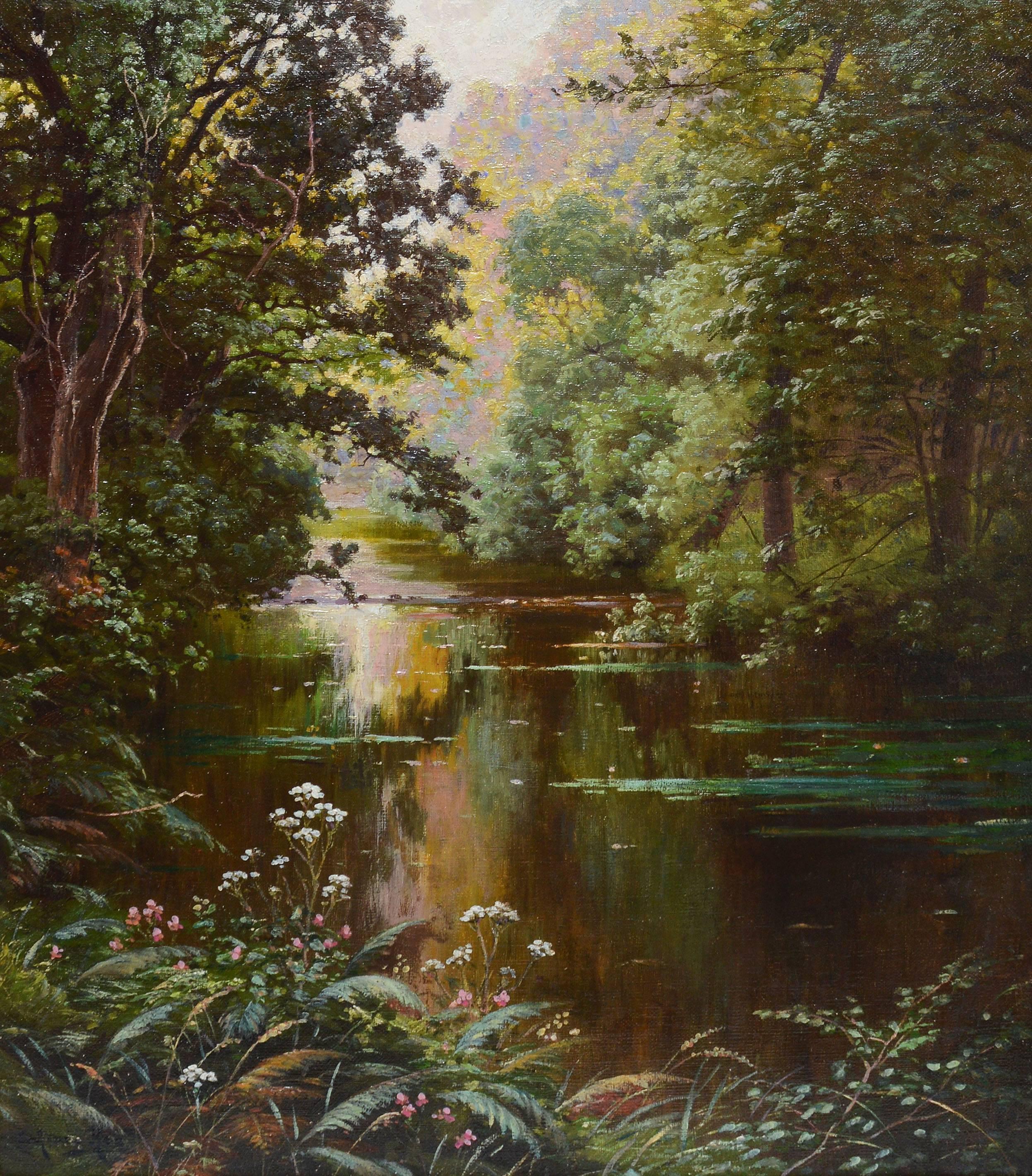 Sunlit River Landscape - Impressionist Painting by Rene His