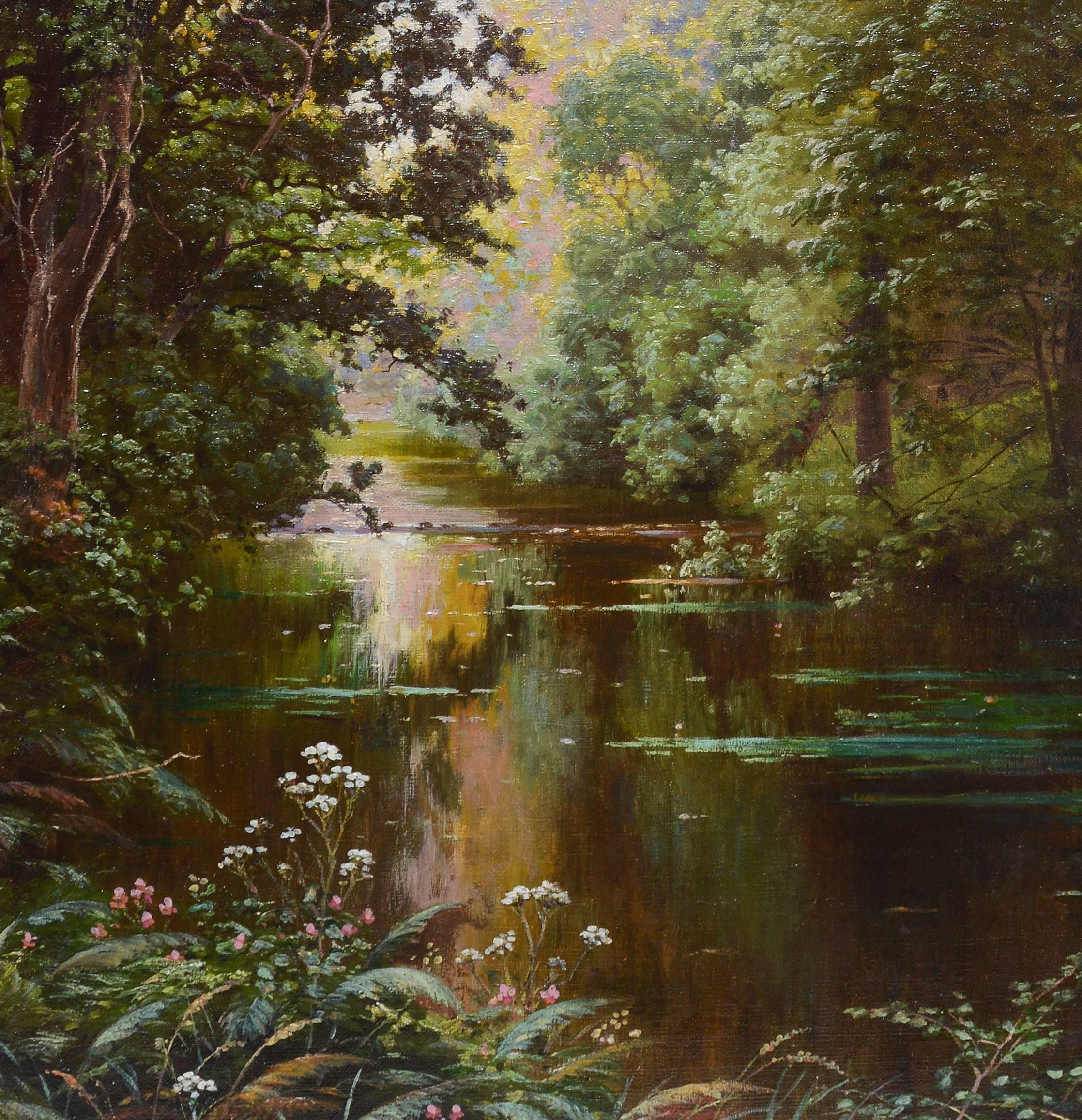 Sunlit River Landscape - Brown Landscape Painting by Rene His