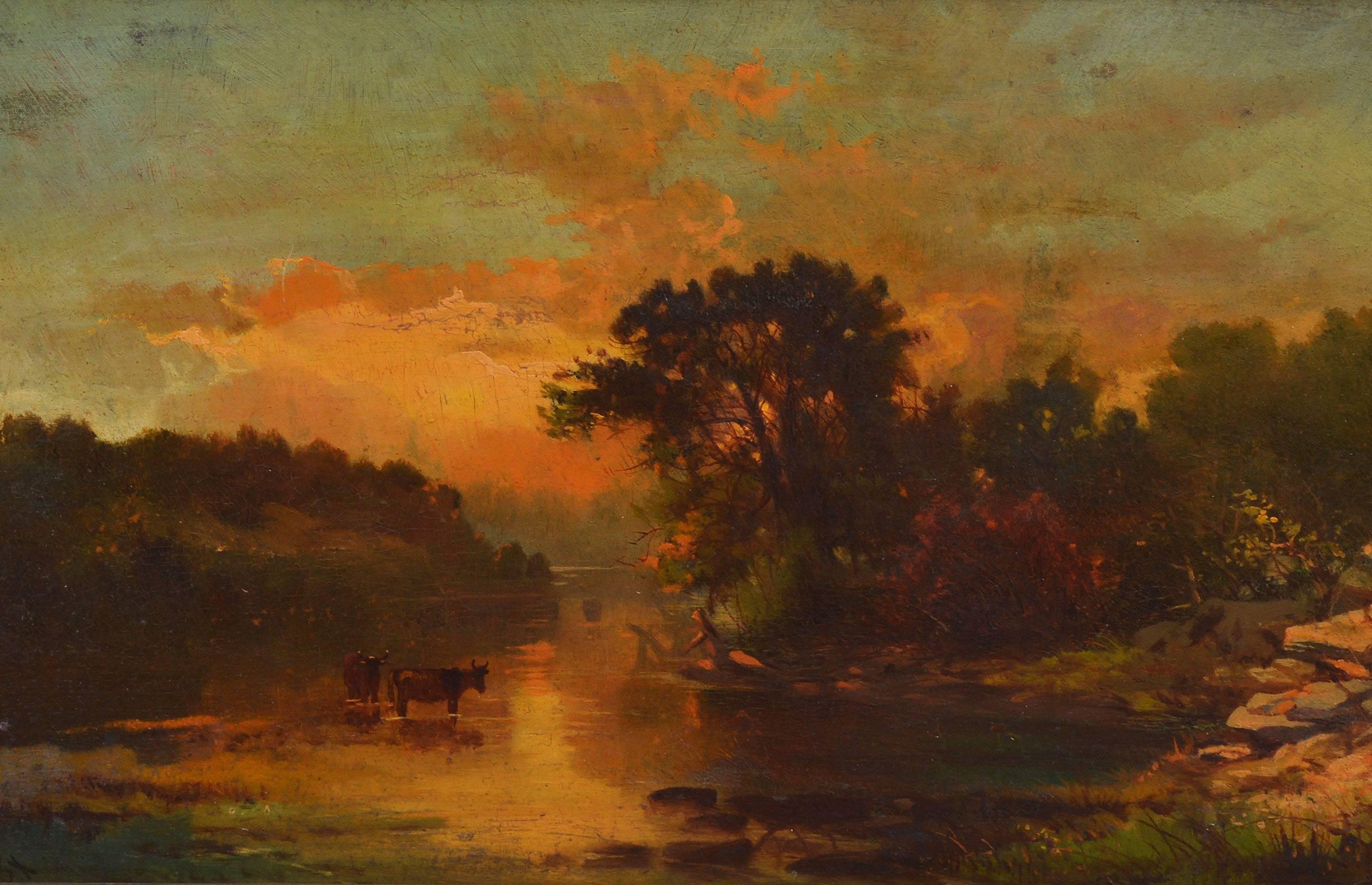 Hudson River School landscape painting with a sunset.  Oil on board, circa 1860.  Signed illegibly lower left.  Displayed in a period gold giltwood frame.  Image size, 16