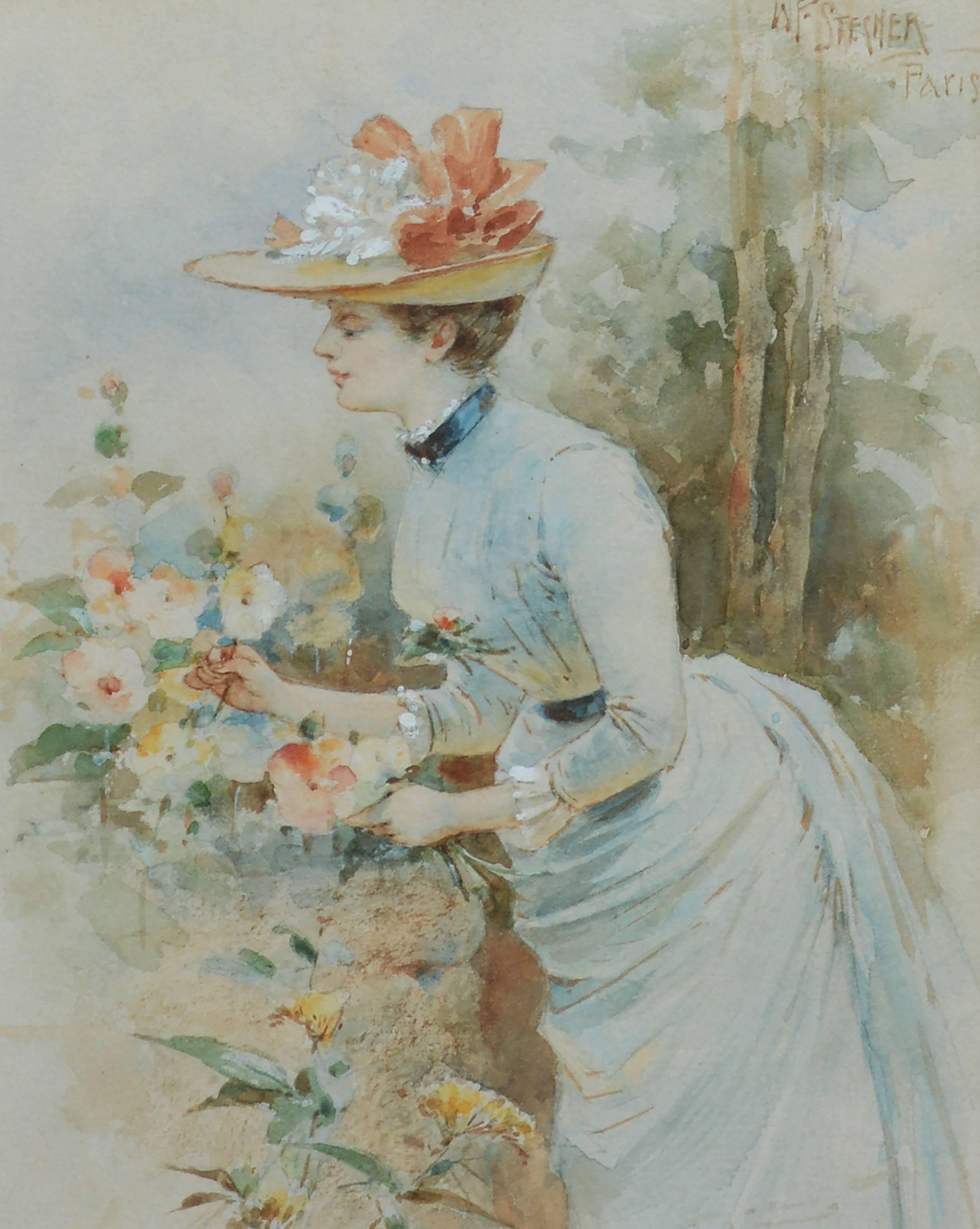 Impressionist painting of a young woman picking flowers by William Frederick Stecher (1864-1940).  Watercolor and gouache on paper, circa 1890.  Signed upper right, 