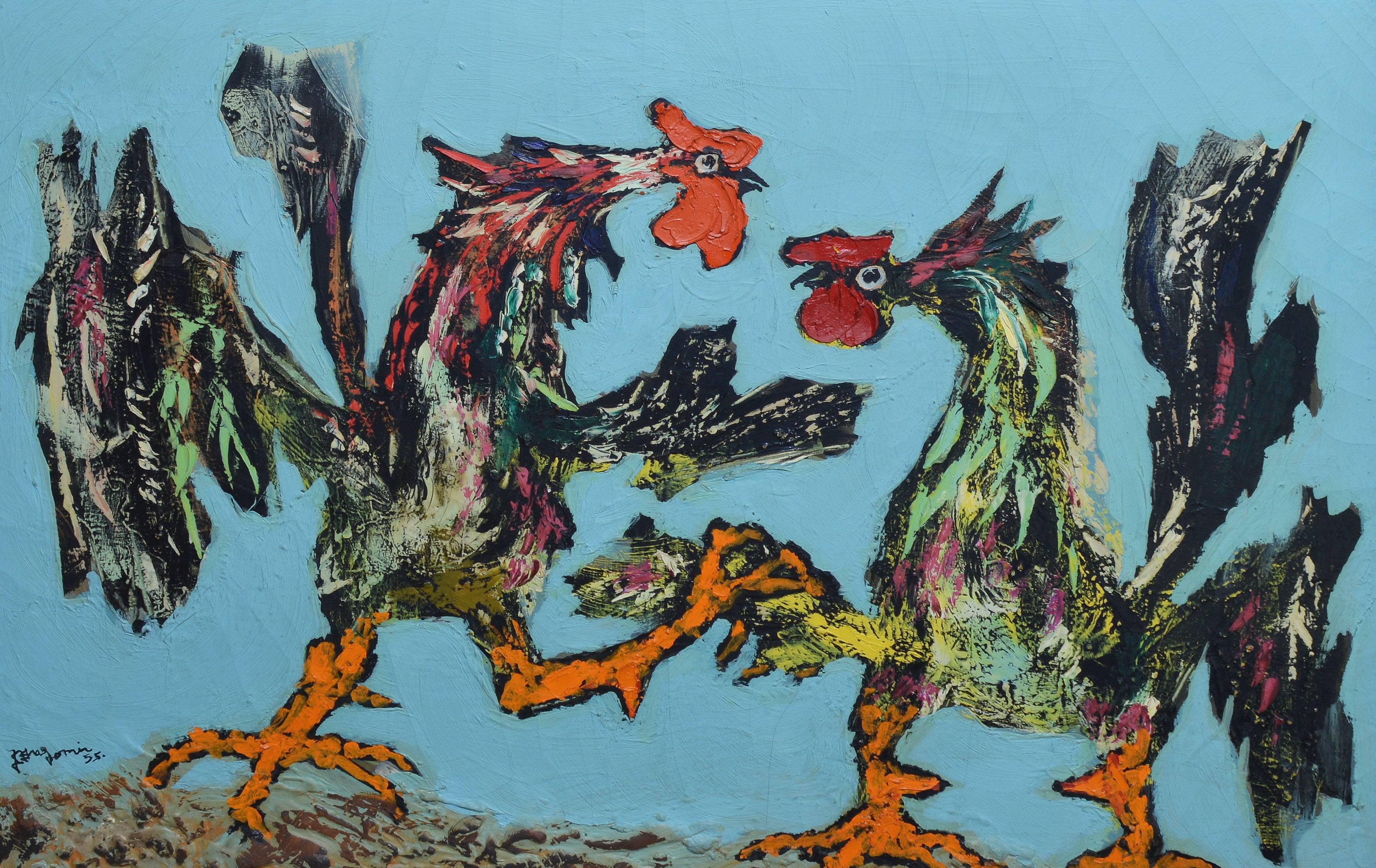 Modernist painting of roosters. Oil on canvas, circa 1955.  Signed illegibly lower left.  Displayed in a black wood frame. Image size, 32"L x 24"H, overall 39"L x 31"H.