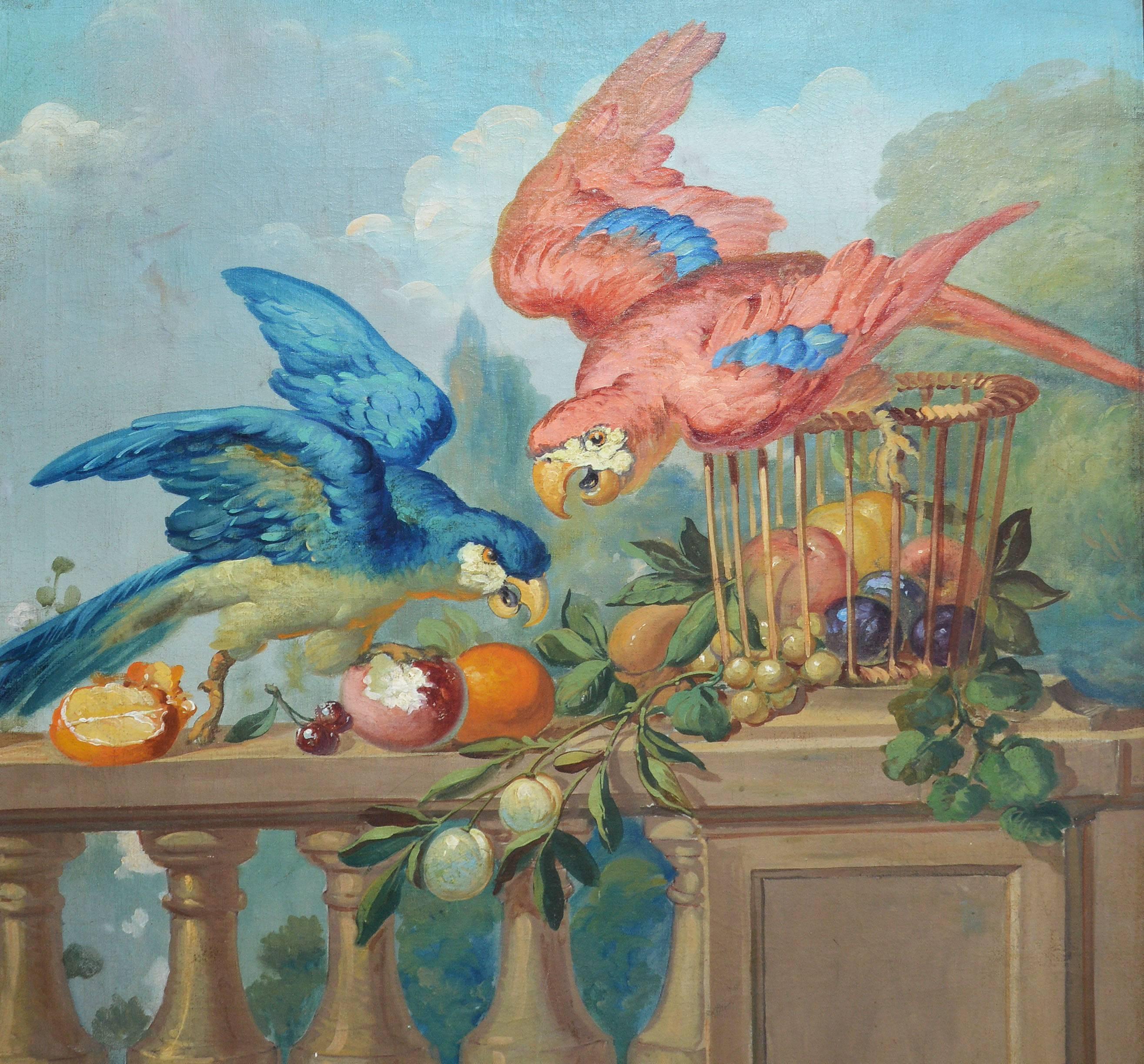 Spanish Balcony with Parrots - Brown Landscape Painting by Luis Graner Y Arrufi