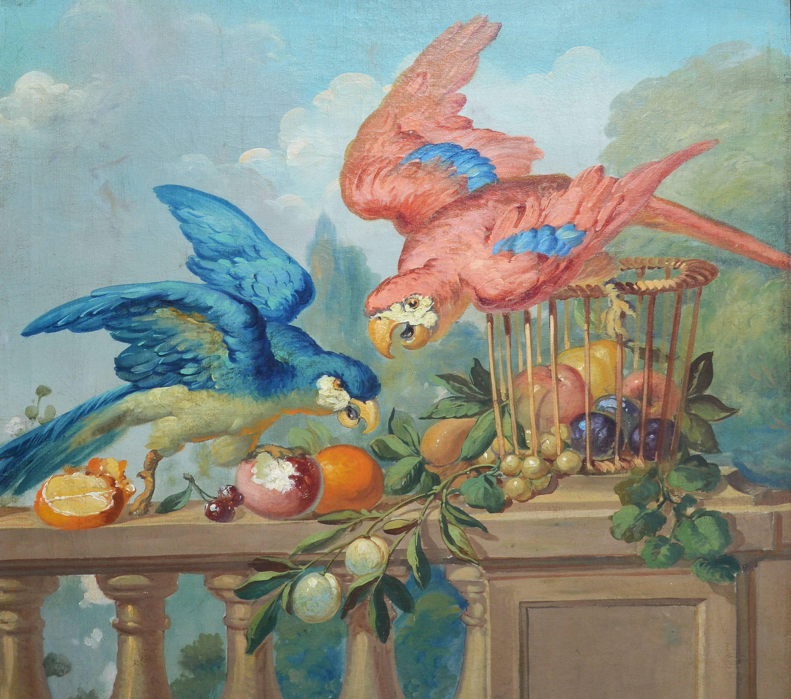 Impressionist landscape painting with parrots by Luis Granier Y Arrufi (1863-1929).  Oil on canvas, circa 1867.  Signed lower right, "Granier".  Displayed in a giltwood frame.  Image size, 33"L x 43"H, overall, 40"L x