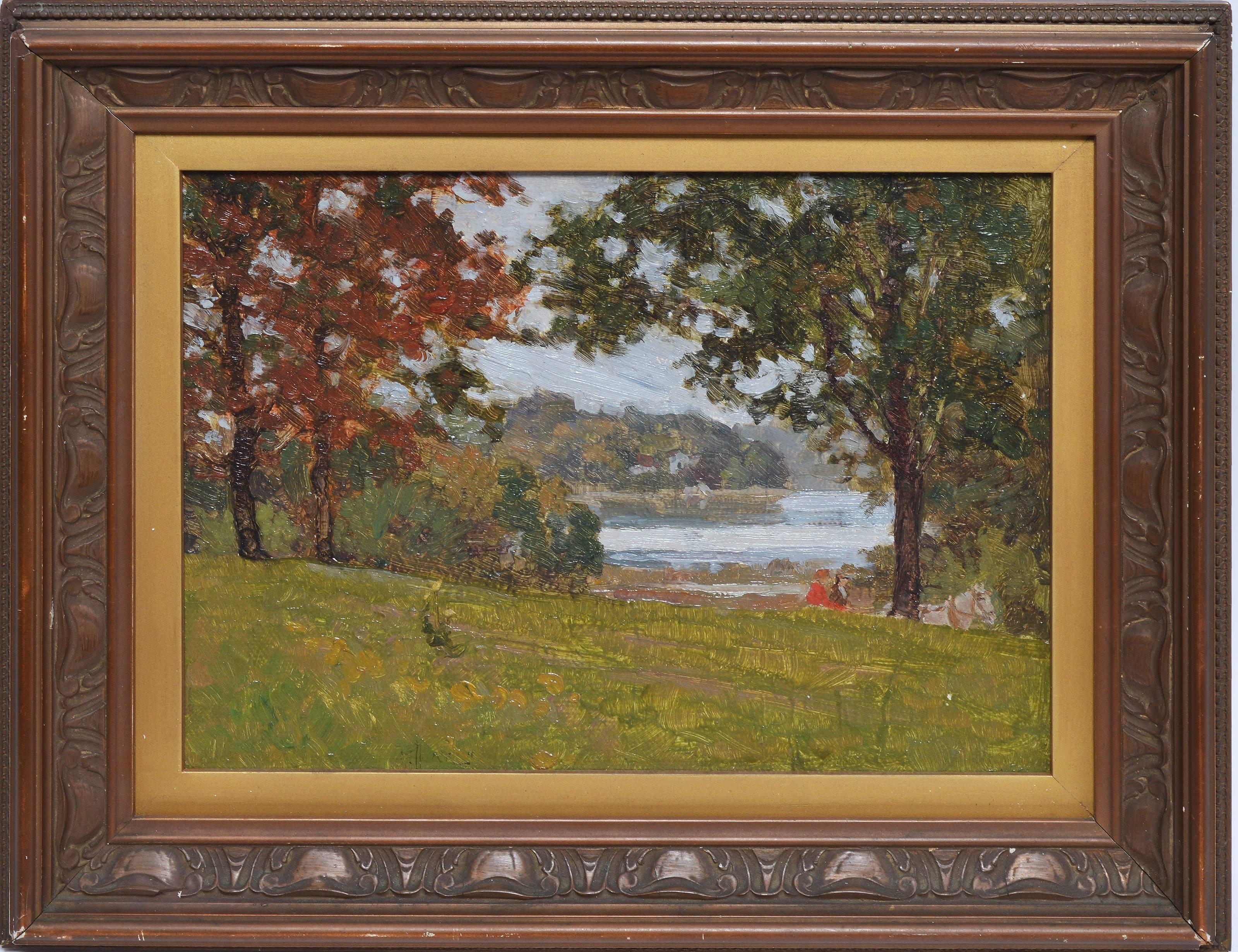 Otto Eugene Hake Landscape Painting - Riding Near a Lake by Otto Hake