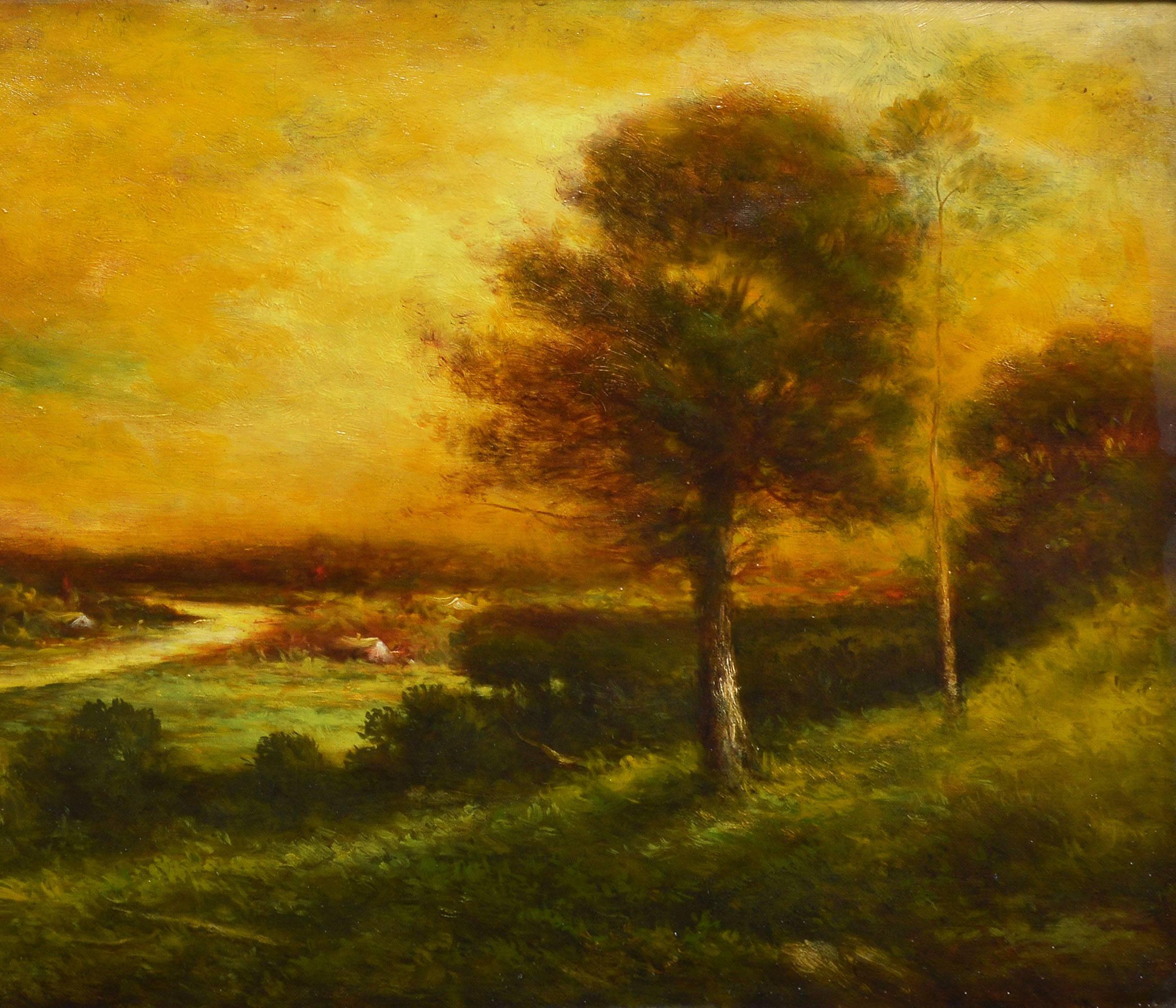 Hudson River School Landscape with a Luminous Sunset by Hudson Kitchell - Brown Landscape Painting by Hudson Mindell Kitchell