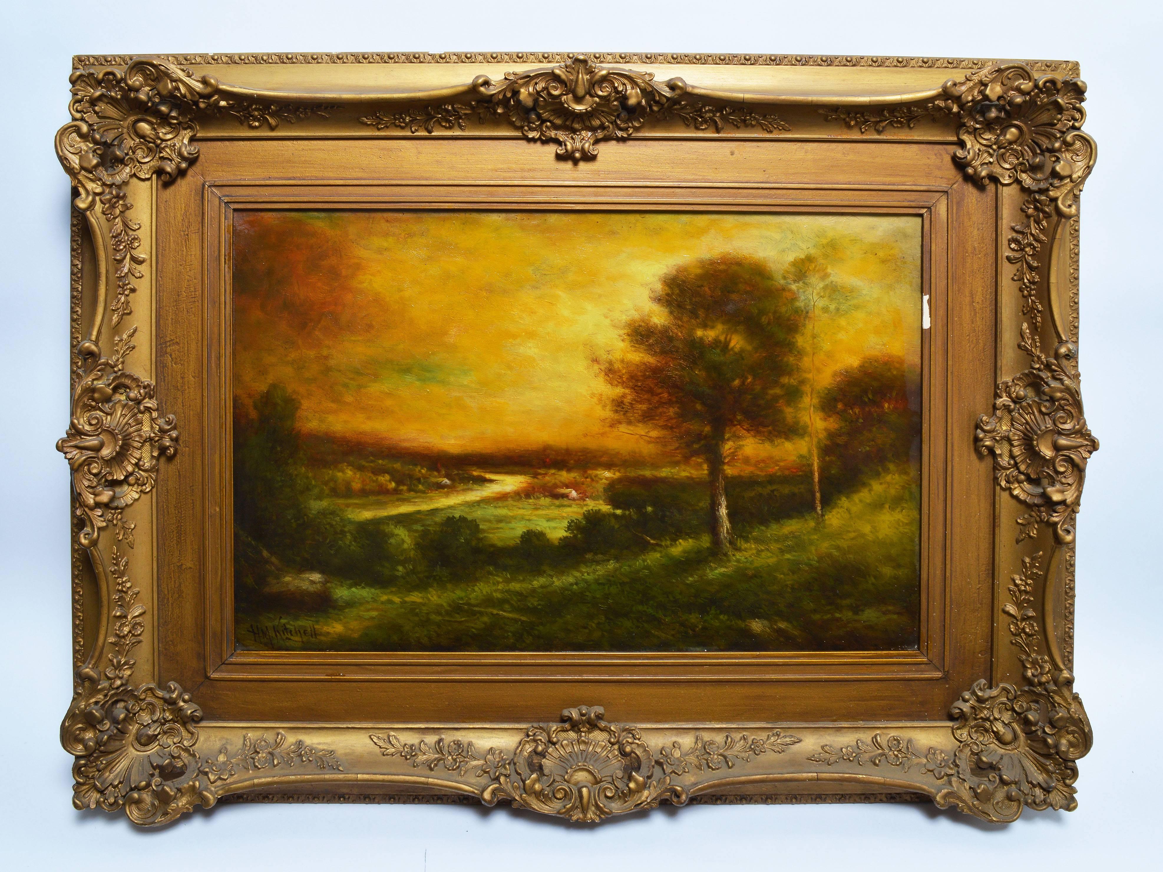 Hudson River School Landscape with a Luminous Sunset by Hudson Kitchell - Painting by Hudson Mindell Kitchell