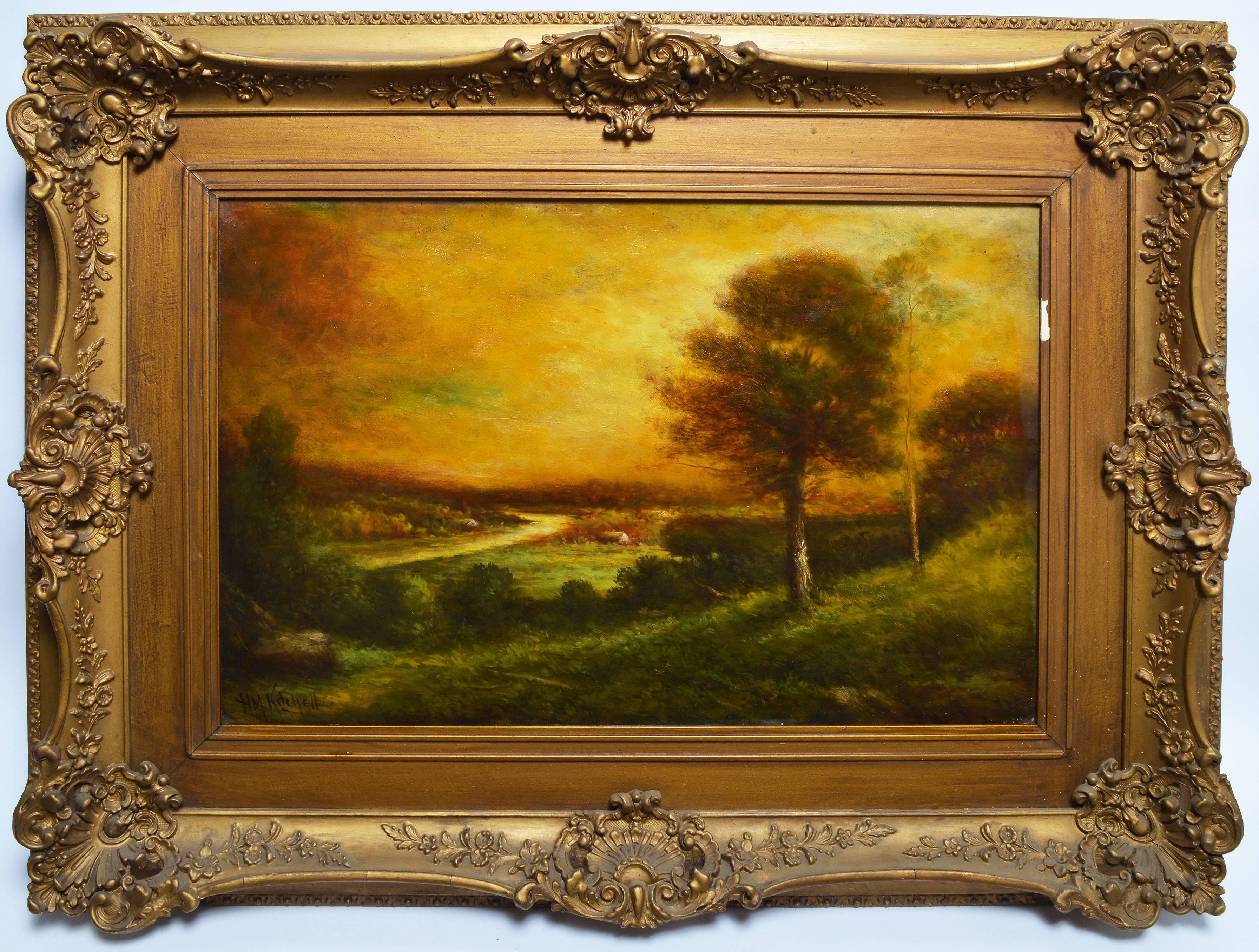 Hudson Mindell Kitchell Landscape Painting - Hudson River School Landscape with a Luminous Sunset by Hudson Kitchell
