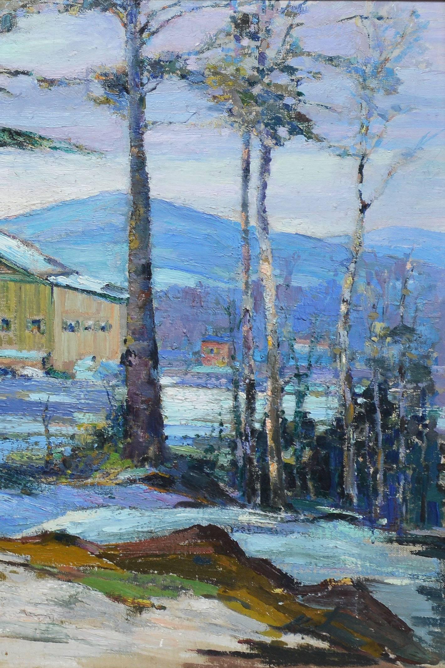 Impressionist winter landscape by Peter Bela Mayer (1887-1993).  Oil on board, circa 1920.  Signed lower left, "Peter Bela Mayer".  Displayed in a gold impressionist frame.  Image size, 24"L x 20"H, overall, 33"L x 29"H.