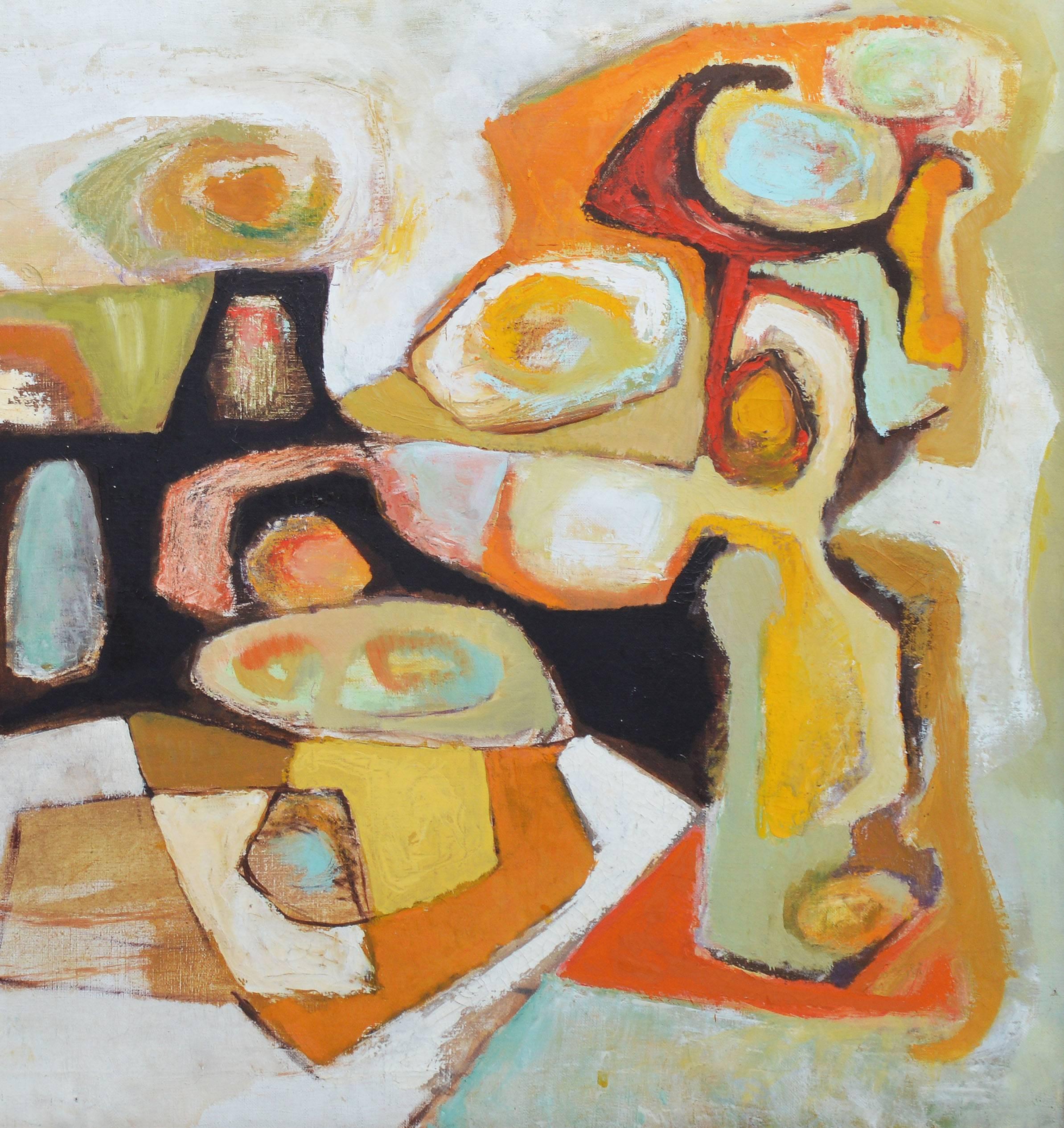 Mid century modernist abstract still life painting. Oil on canvas, circa 1950. Unsigned. Displayed in a brown wood frame. Image, 34"L x 24"H, overall 41"L x 31"H.
