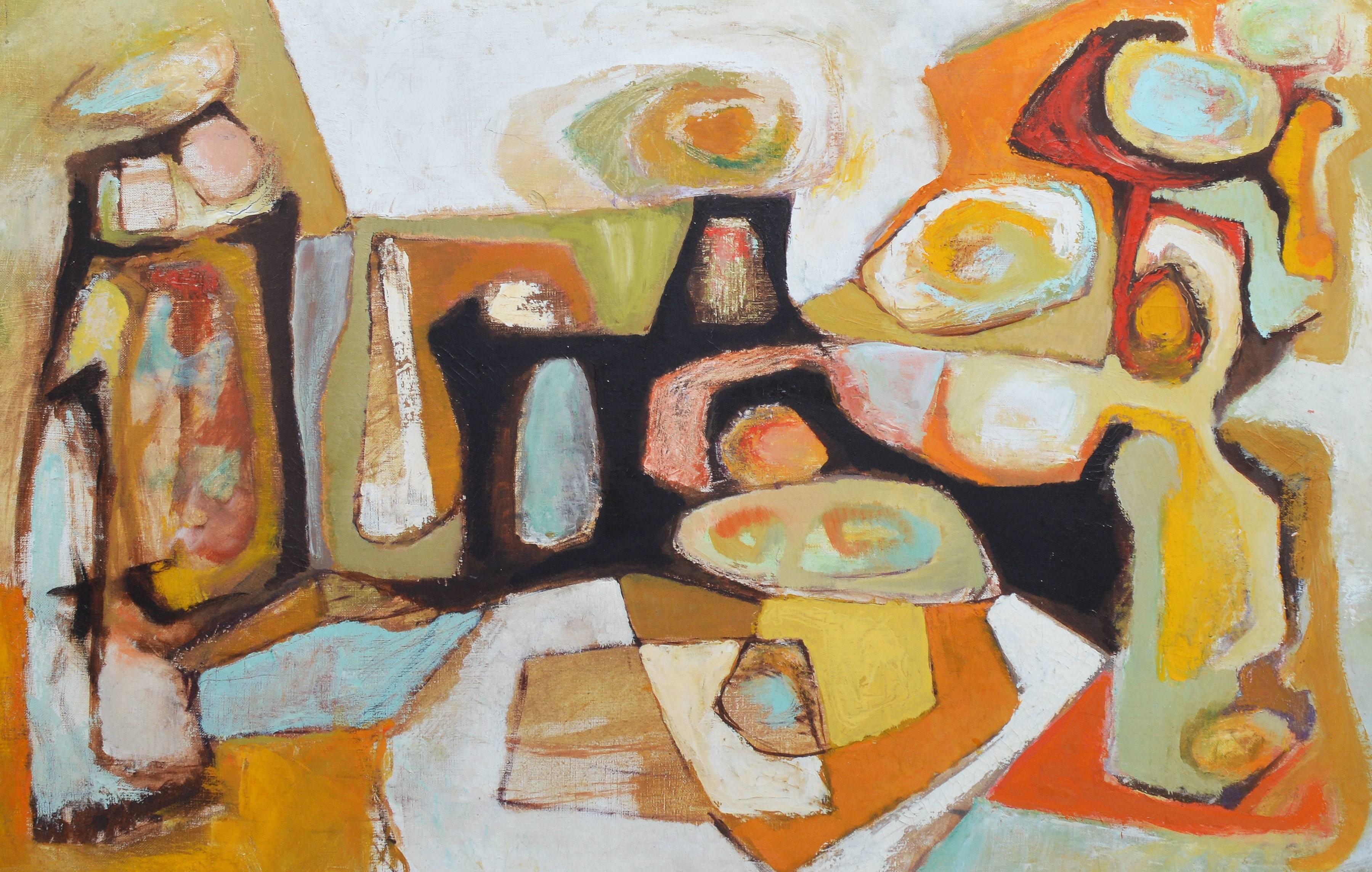 Mid Century Modernist Still Life - Brown Abstract Painting by Unknown