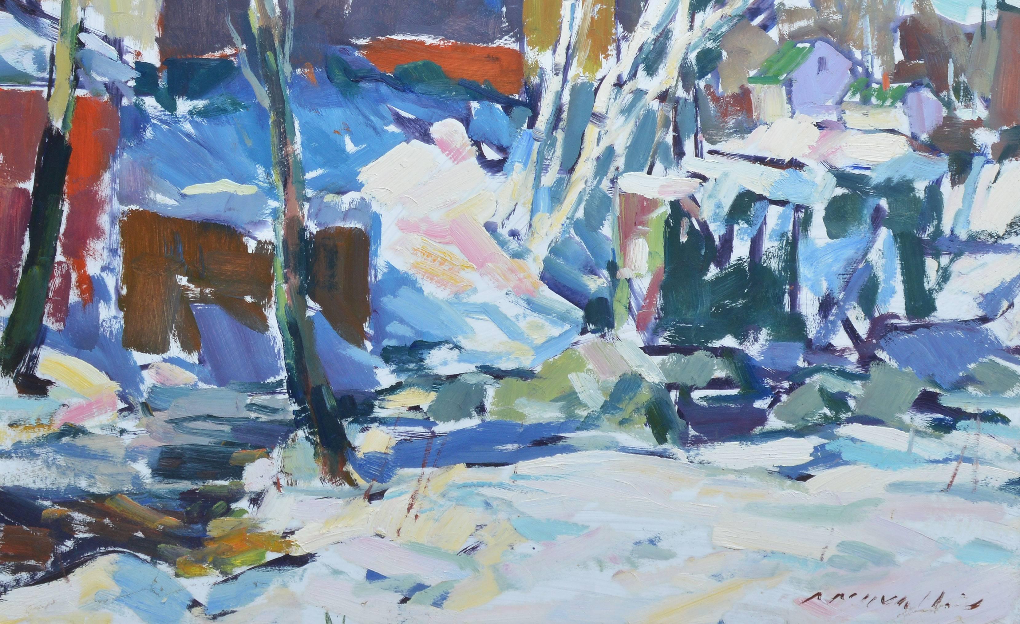 Impressionist winter landscape by Charles Movalli (1945 2016).  Oil on board, circa 1970.  Signed lower right, "Movalli".  Displayed in a white wood frame.  Image size, 24"L 20"H, overall, 30"L x 26"H. 