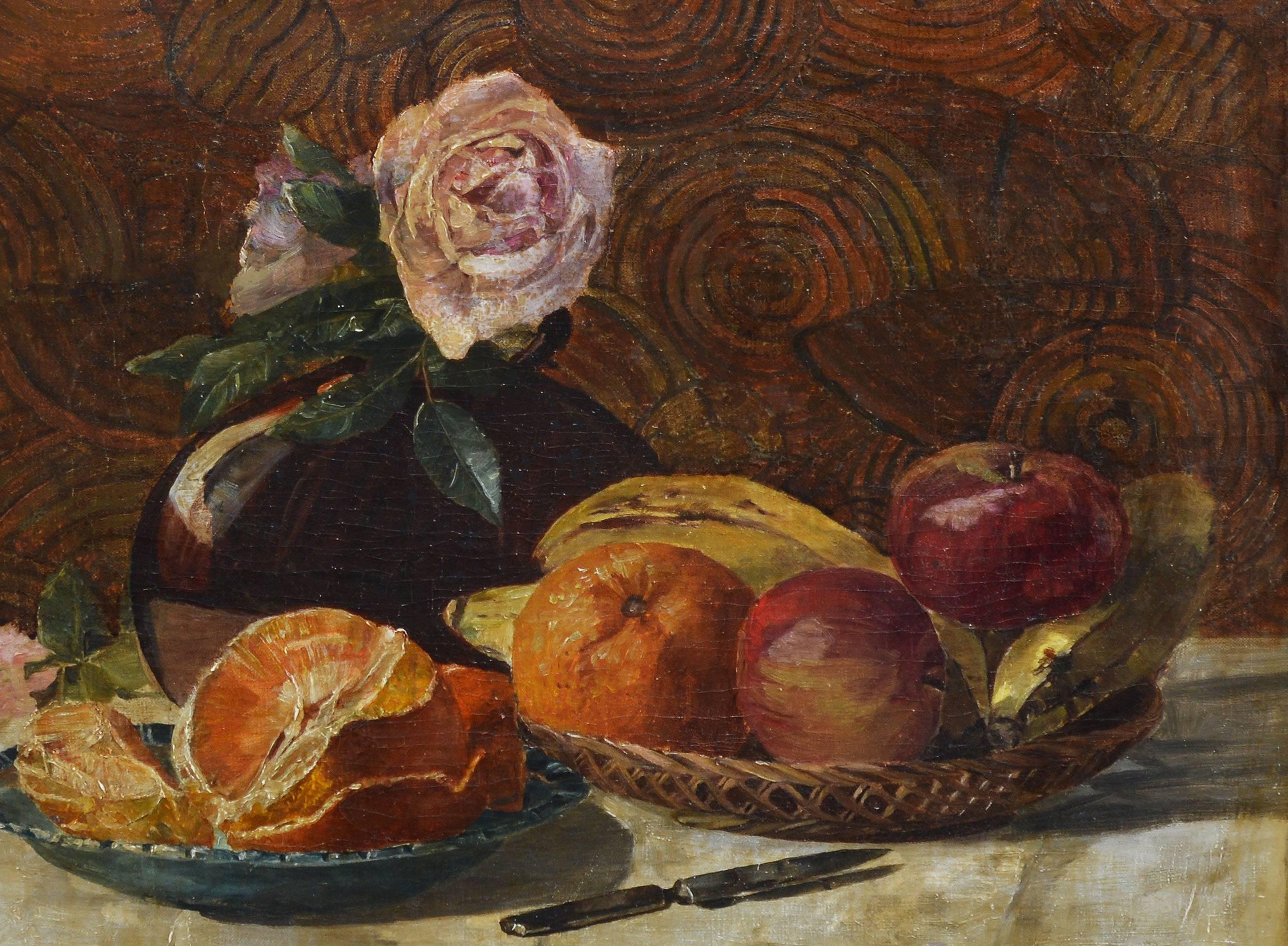 Modernist fruit and flower still life oil painting.  Oil on canvas, circa 1890.  Unsigned.  Displayed in a period giltwood frame.   Image size, 18