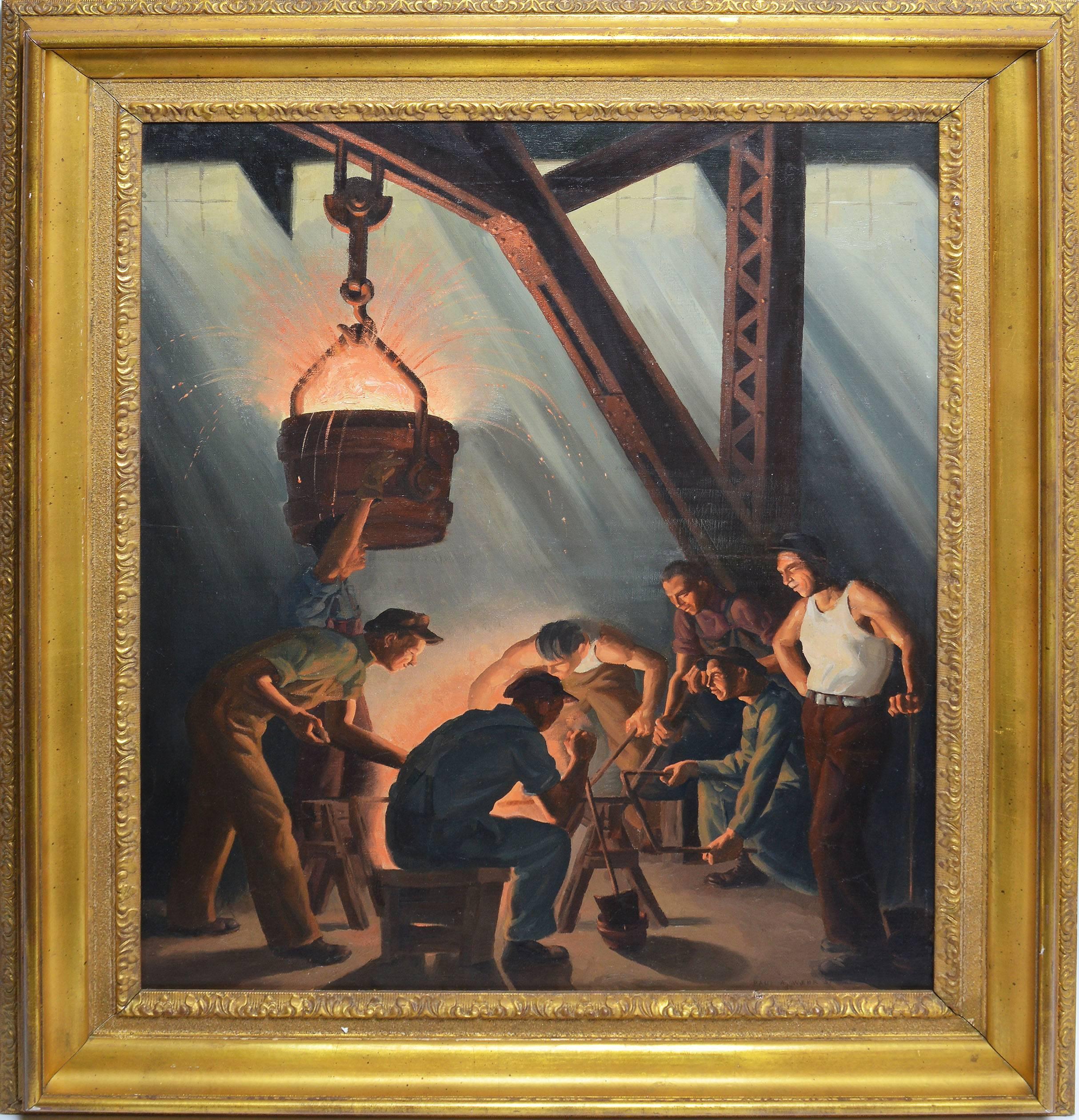 Modernist industrial view by Paul Wehr (1914-1973).  Oil on canvas, circa 1937.  Signed lower right, "Paul A. Wehr".  Displayed in a giltwood frame.  Image size, 24"L x 30"H, overall 31"L x 37"H.