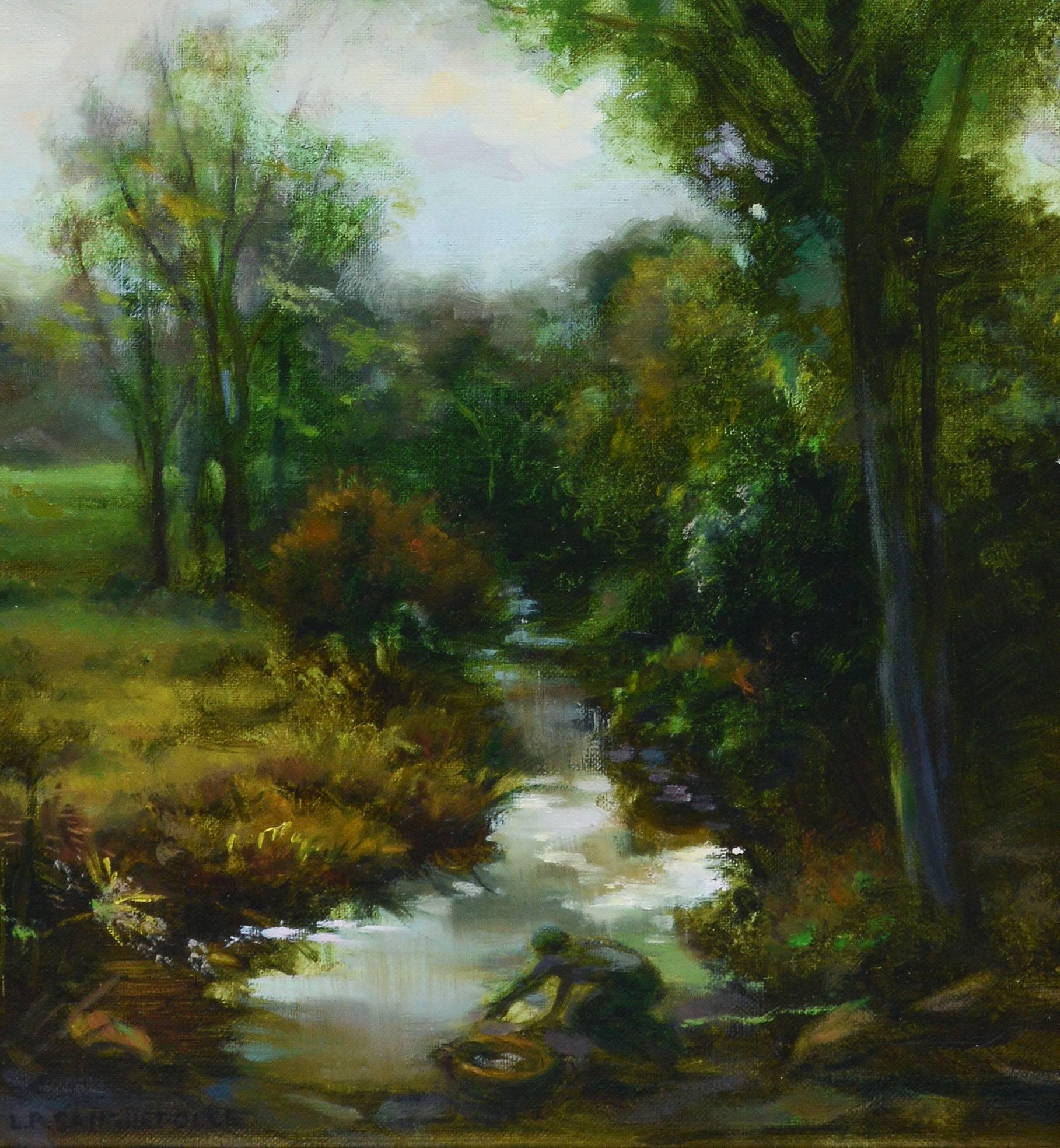 Landscape with a Stream - Brown Landscape Painting by Unknown