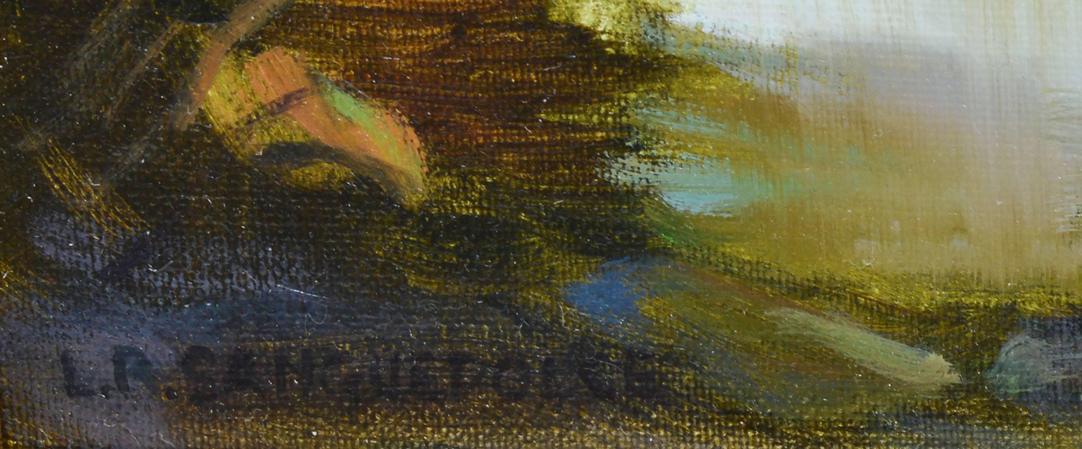 Impressionist landscape with a figure washing clothes.  Oil on board, circa 1960.  Signed illegibly lower left.  Displayed in a giltwood impressionist frame.  Image size, 9