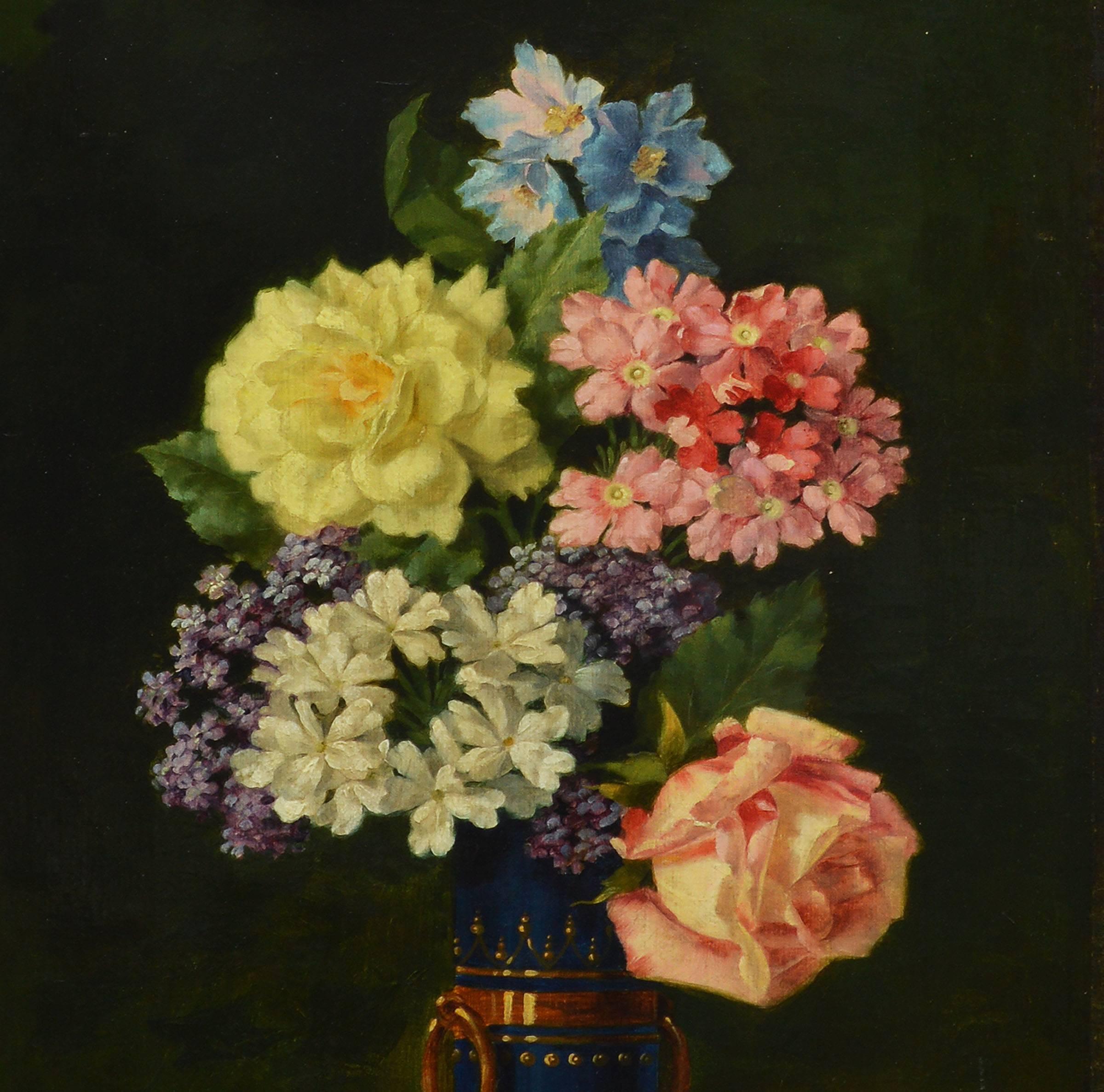 Realist still life of flowers by Enrique Rumoroso.  Oil on canvas, circa 1880.  Signed lower left, 