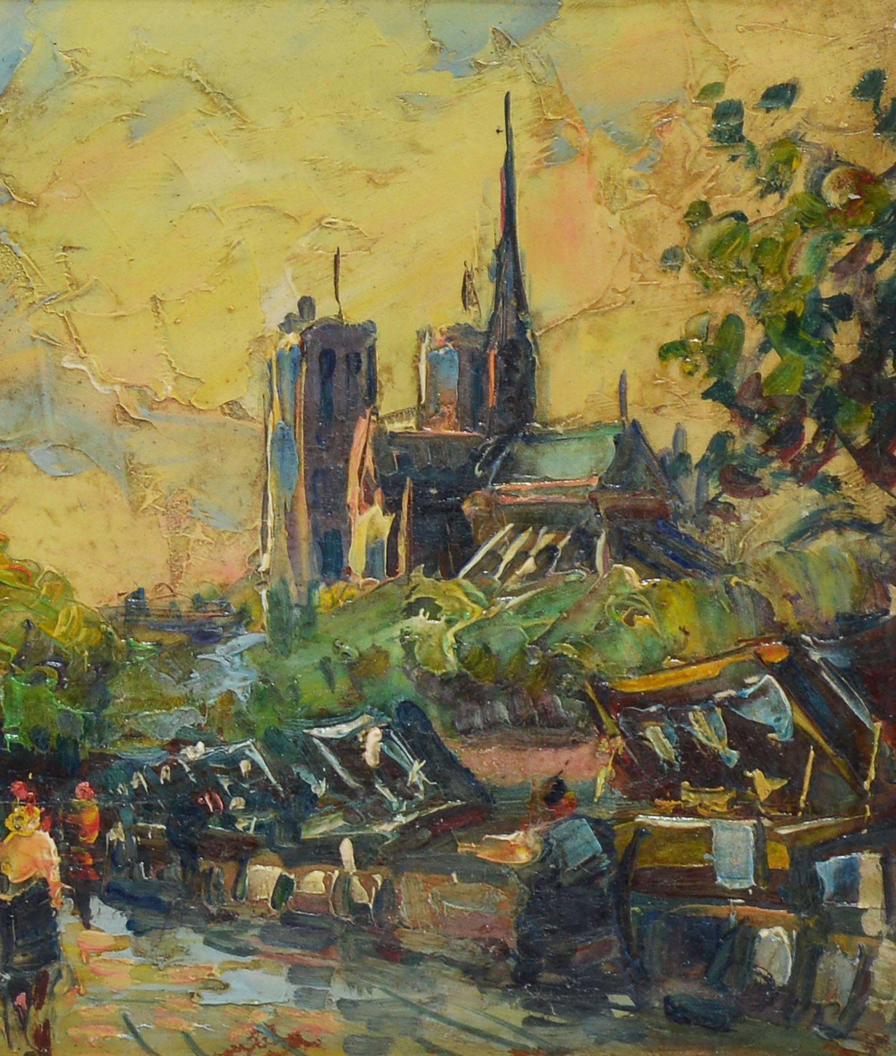 Impressionist oil painting of Paris.  Oil on board, circa 1940.  Unsigned.  Displayed in a giltwood frame with a linen liner.  Image size, 9"L x 6"H, overall 14"L x 11"H.