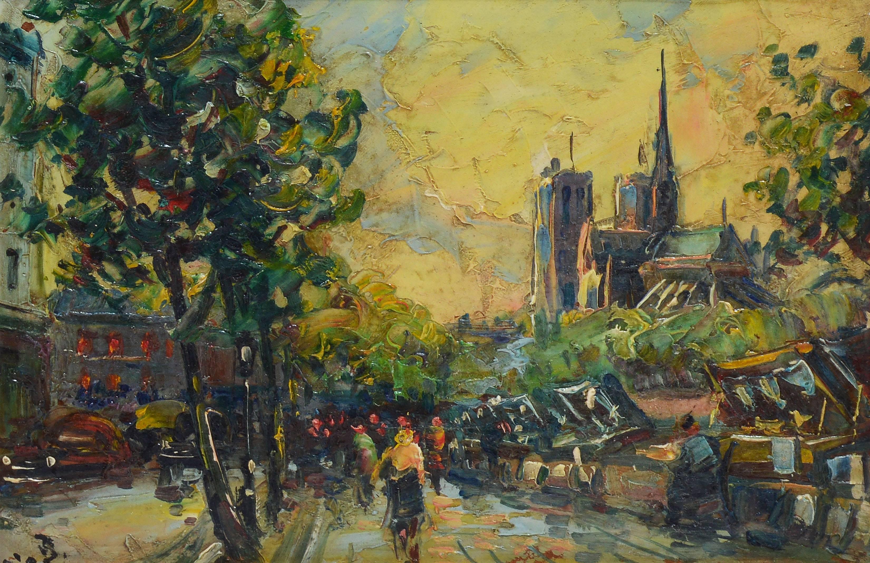 View of Paris with Notre Dame - Impressionist Painting by Unknown