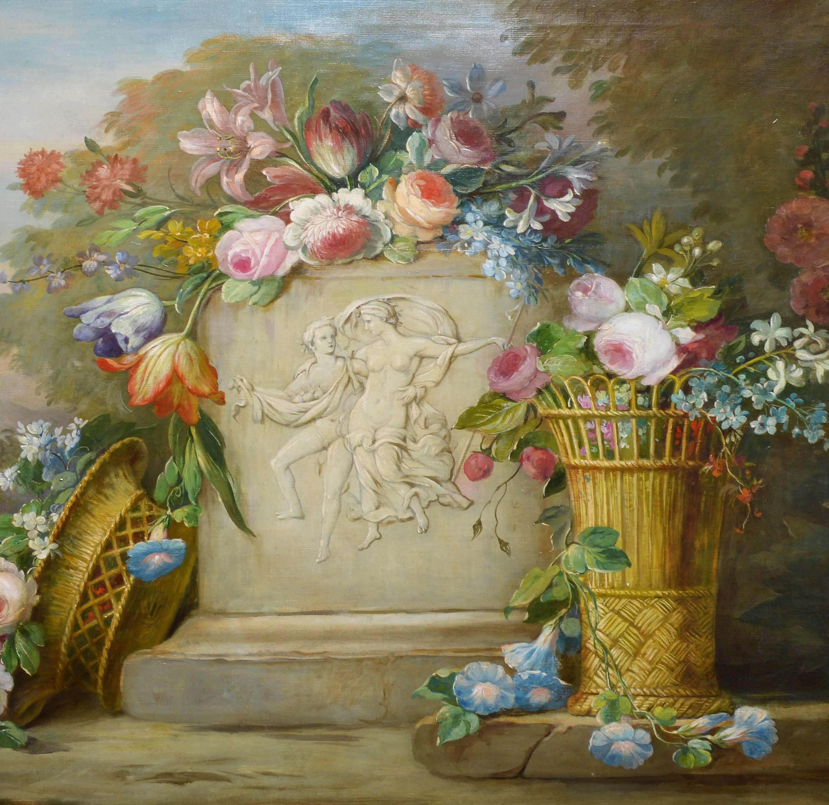 Large American School Flower Still Life and Landscape - Realist Painting by Unknown