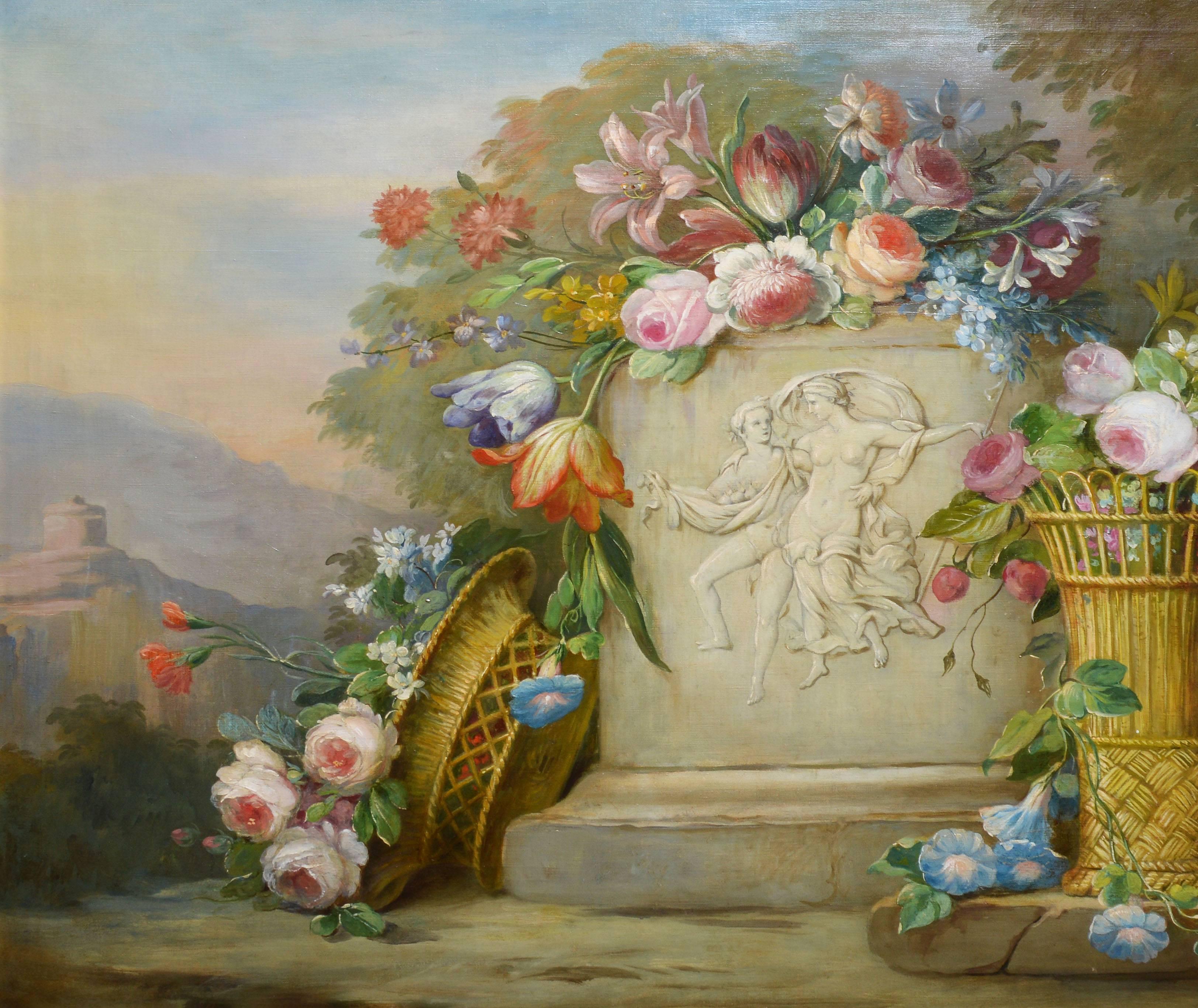 Large American School still life painting of flowers with an expansive landscape.  Oil on canvas, circa 1880. Unsigned. Image size, 47"L x 32"H, overall 53"L x 38"H
