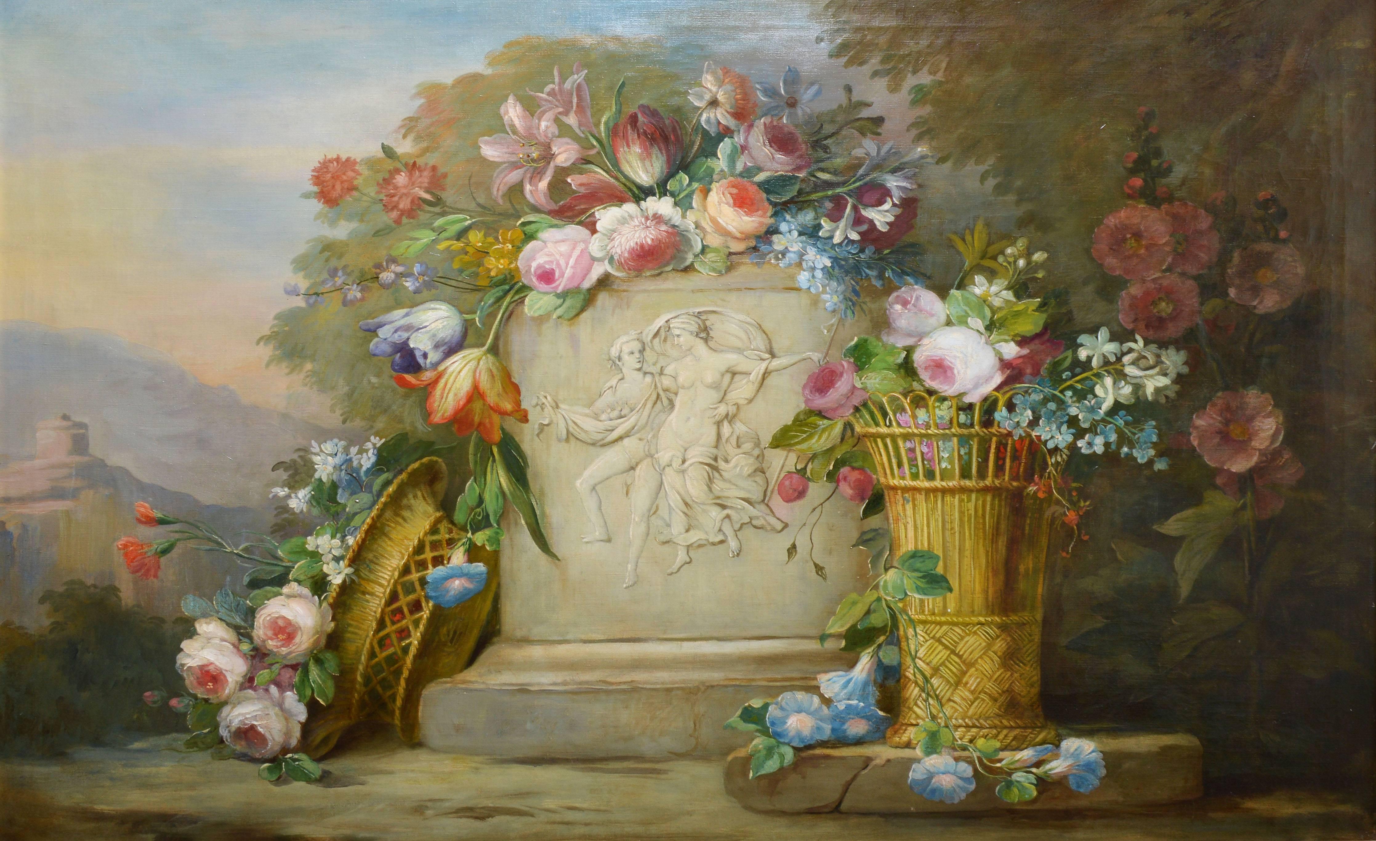 Large American School Flower Still Life and Landscape - Painting by Unknown