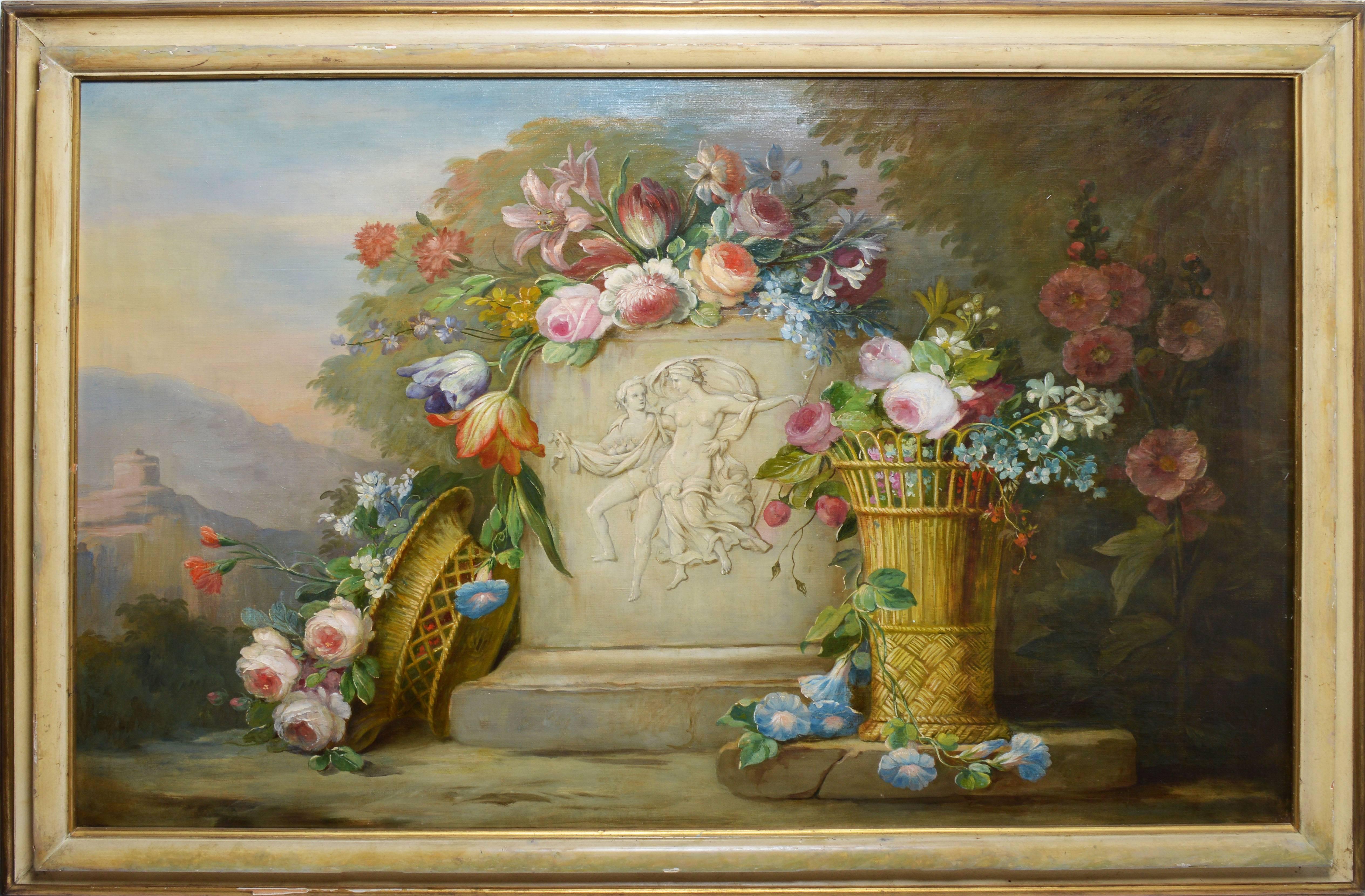 Unknown Landscape Painting - Large American School Flower Still Life and Landscape