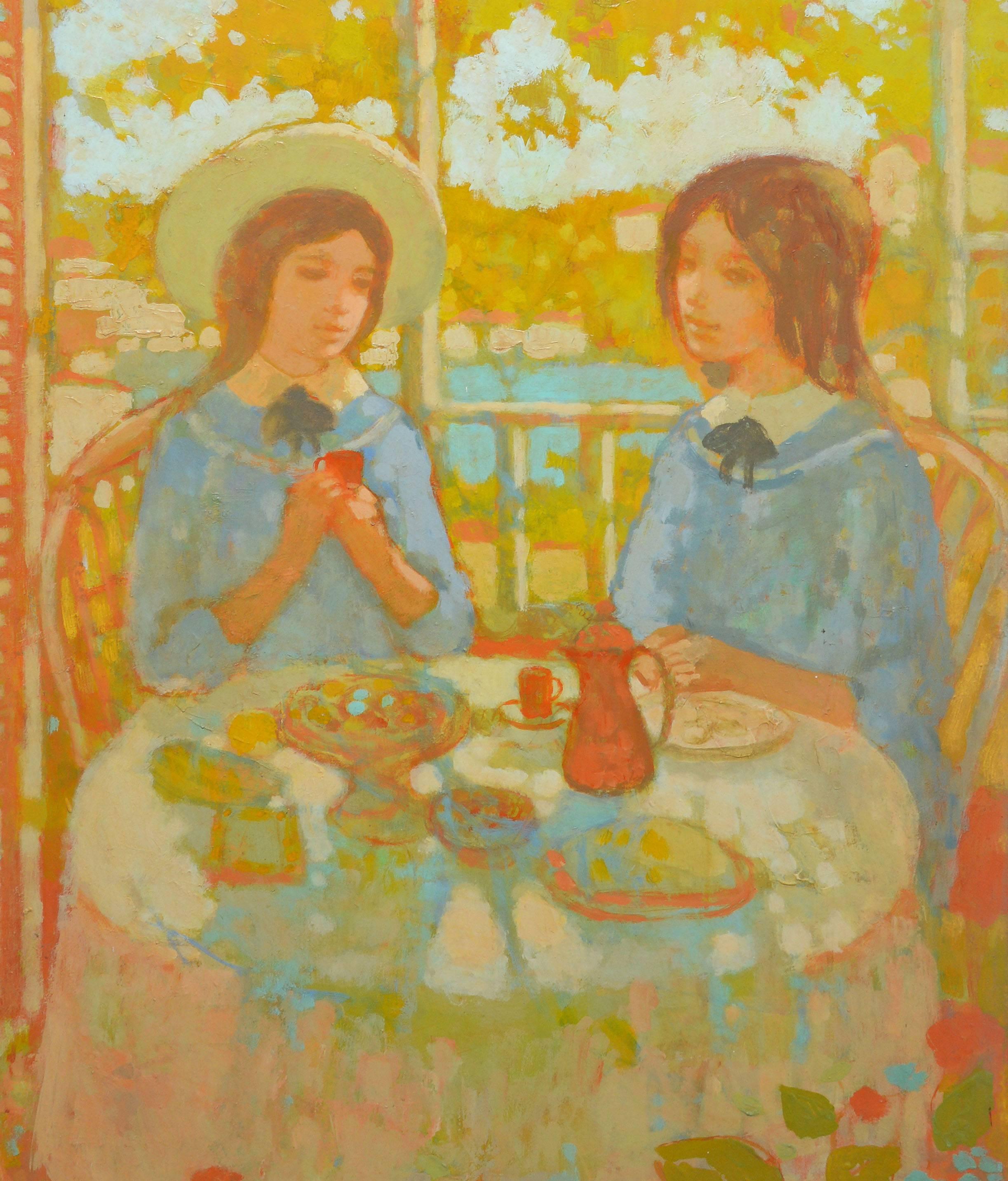 Impressionist painting of two women on a balcony by Enzo Russo. Oil on canvas, circa 1972. Signed lower left, "E. Russo". Displayed in a whitewood frame.  Image size, 24"L x 36"H, overall 32"L x 44"H
