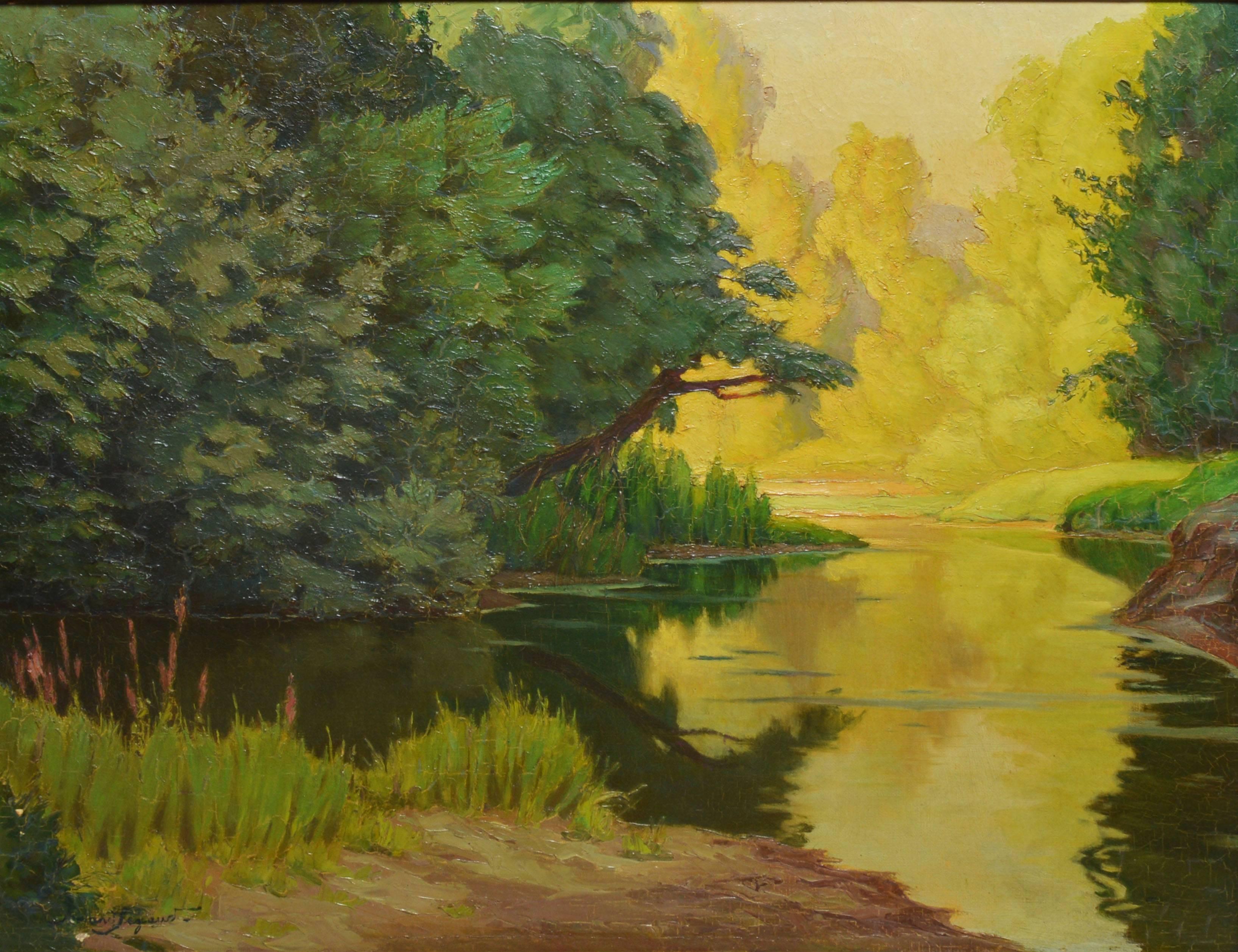 Impressionist river landscape by Armand Jean Baptiste Segaud (b.1875).  Oil on canvas, circa 1915.  Signed lower left, "Armand Segaud".  Displayed in a period impressionist frame.  Image size, 21.5"L x 18"H, overall 26"L x