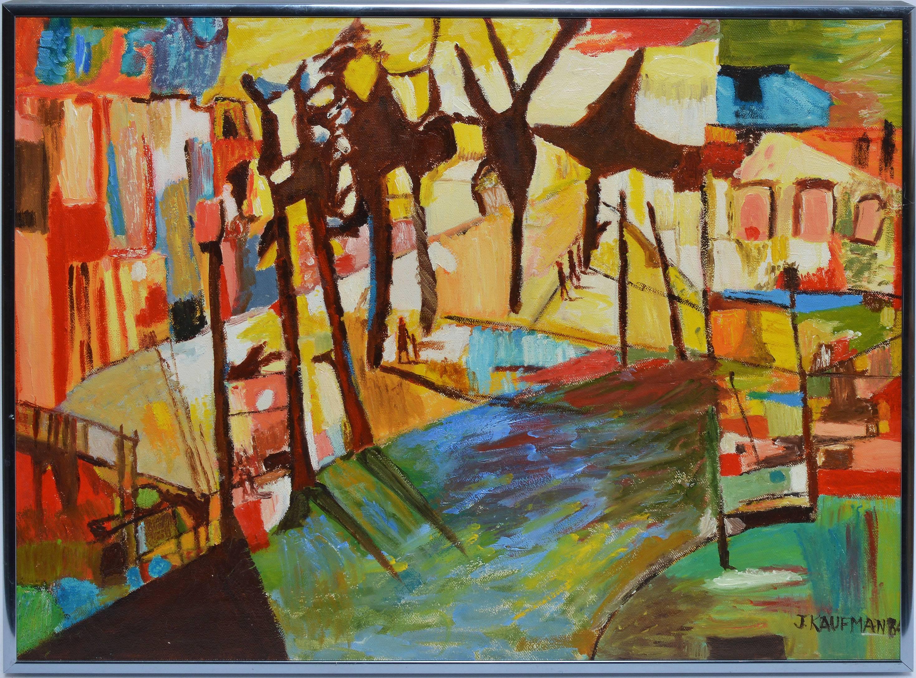 Modernist Street View signed Kaufman - Painting by Unknown