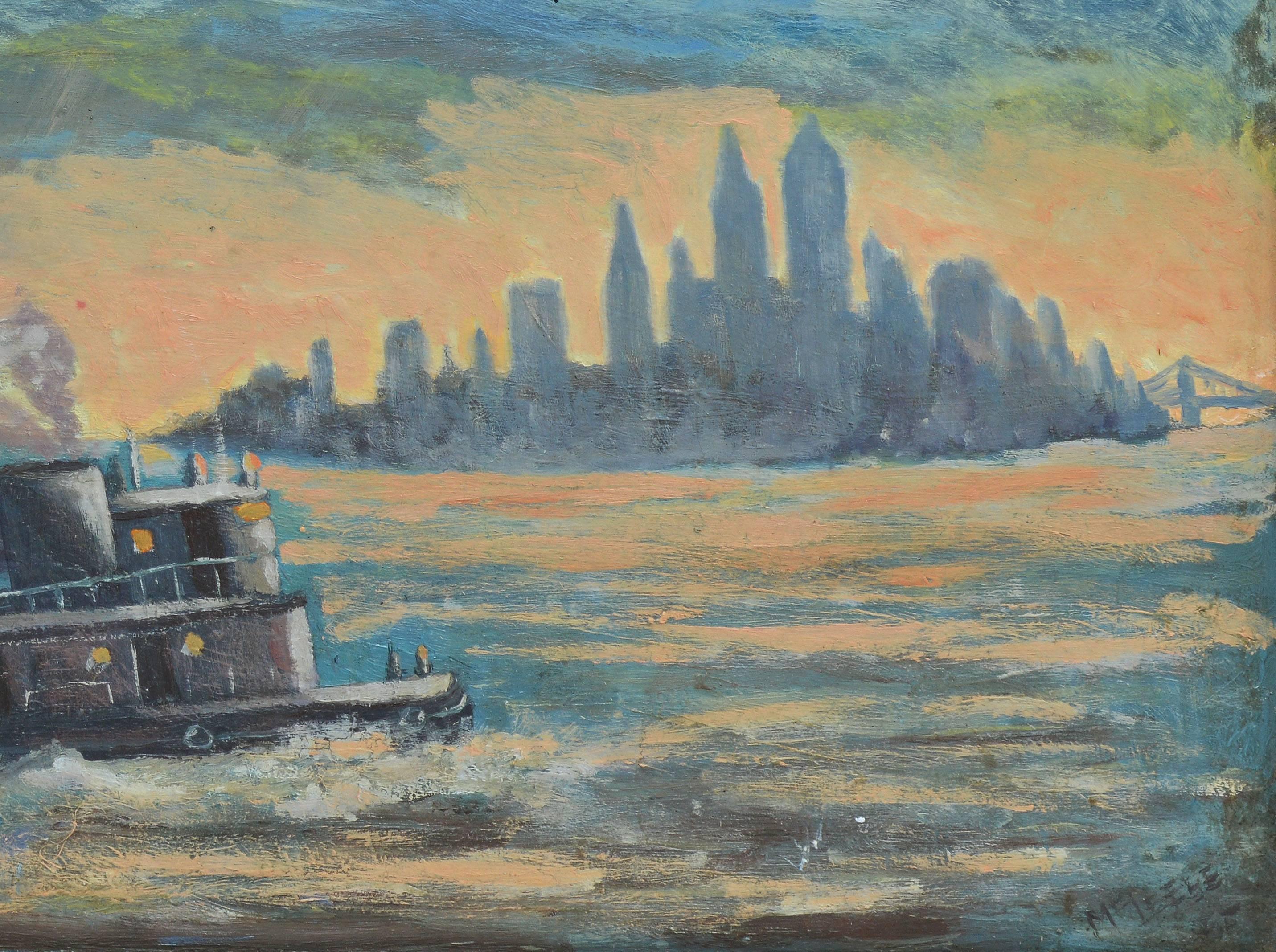 Sunset View of New York Harbor and the Statue of Liberty - Brown Landscape Painting by Unknown