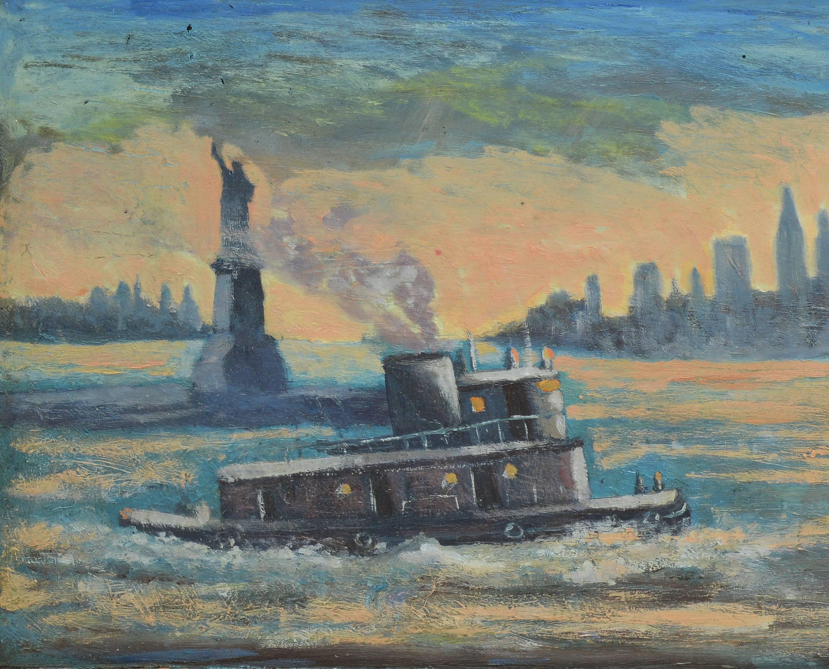 Impressionist sunset painting of New York Harbor and the Statue of Liberty.  Oil on board, circa 1920.  Signed illegibly lower right.  Displayed in a period modernist frame.  Image size, 20