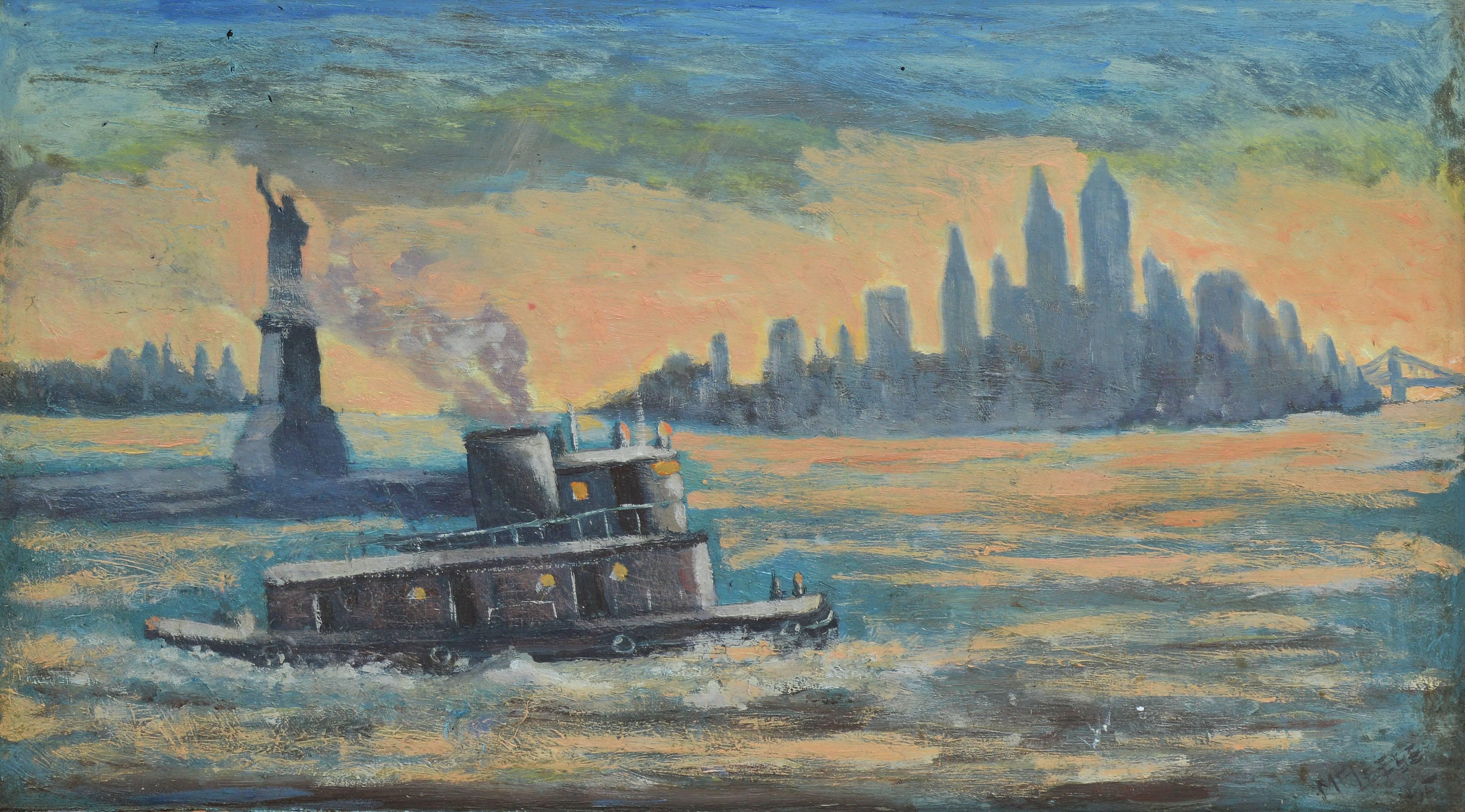 Sunset View of New York Harbor and the Statue of Liberty - American Impressionist Painting by Unknown